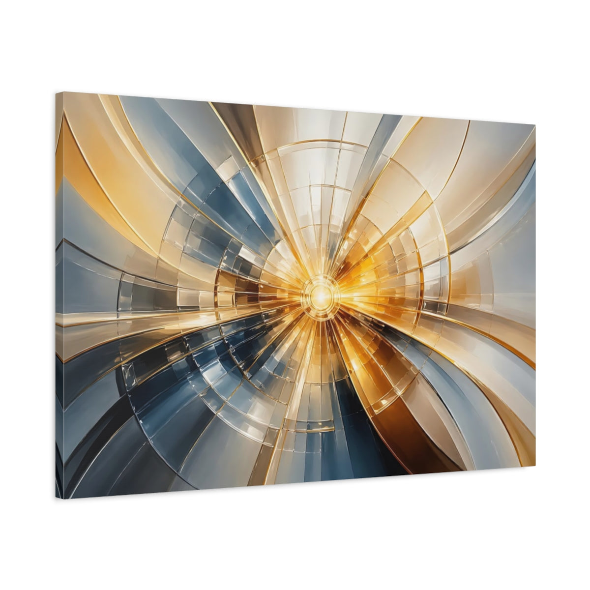 Main Mockup. Abstract Light Burst Gold Blue Abstract shown as stretched canvas wall art