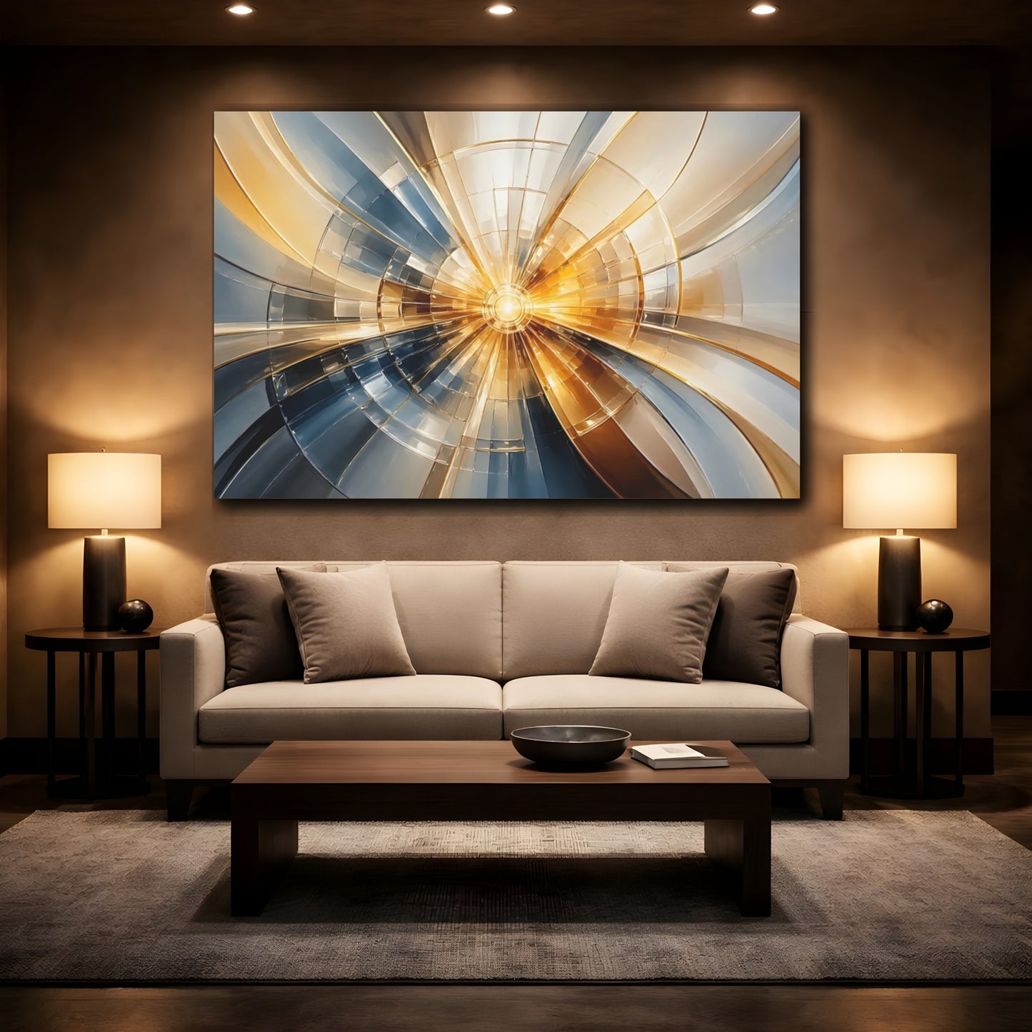 Mockup 2. Abstract Light Burst Gold Blue Abstract shown as stretched canvas wall art