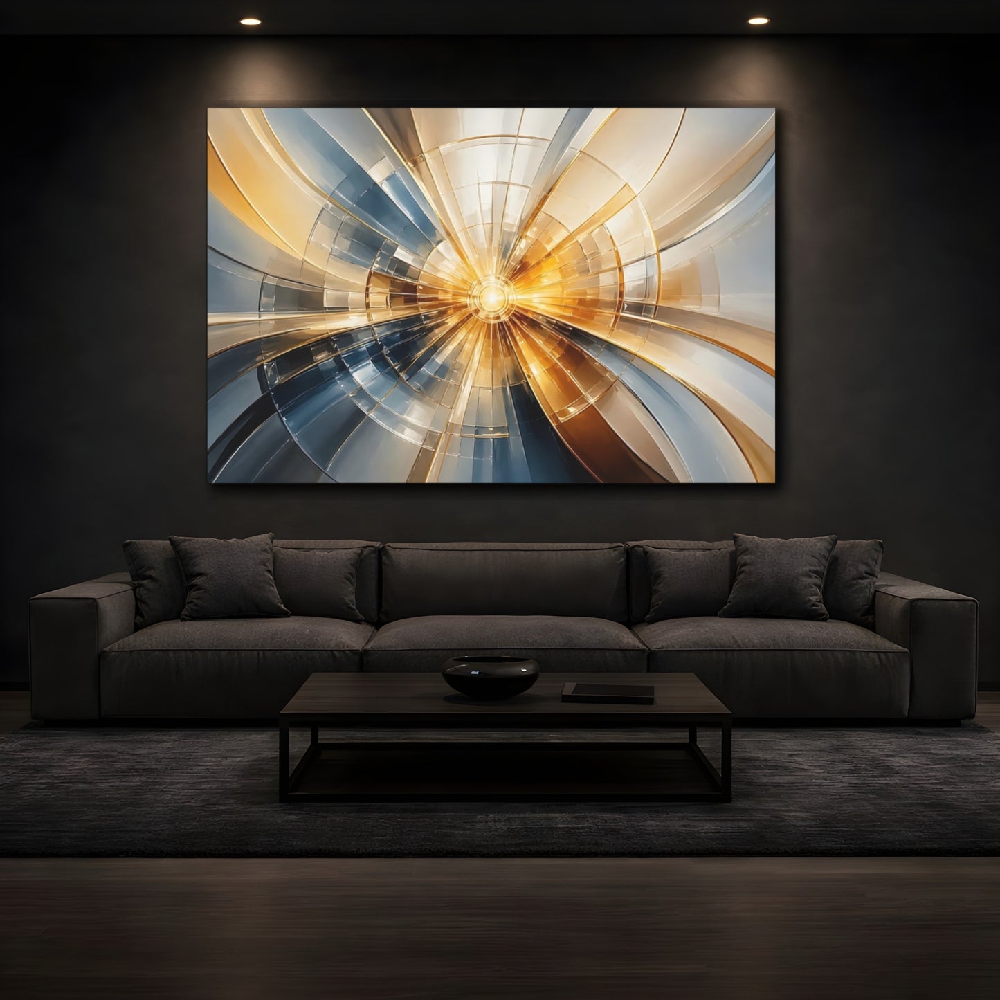 Mockup 3. Abstract Light Burst Gold Blue Abstract shown as stretched canvas wall art
