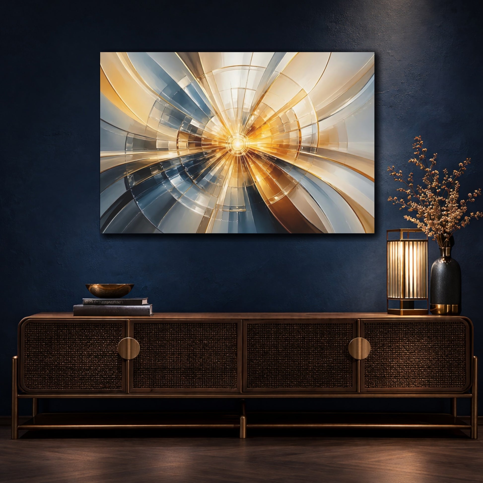 Mockup 4. Abstract Light Burst Gold Blue Abstract shown as stretched canvas wall art