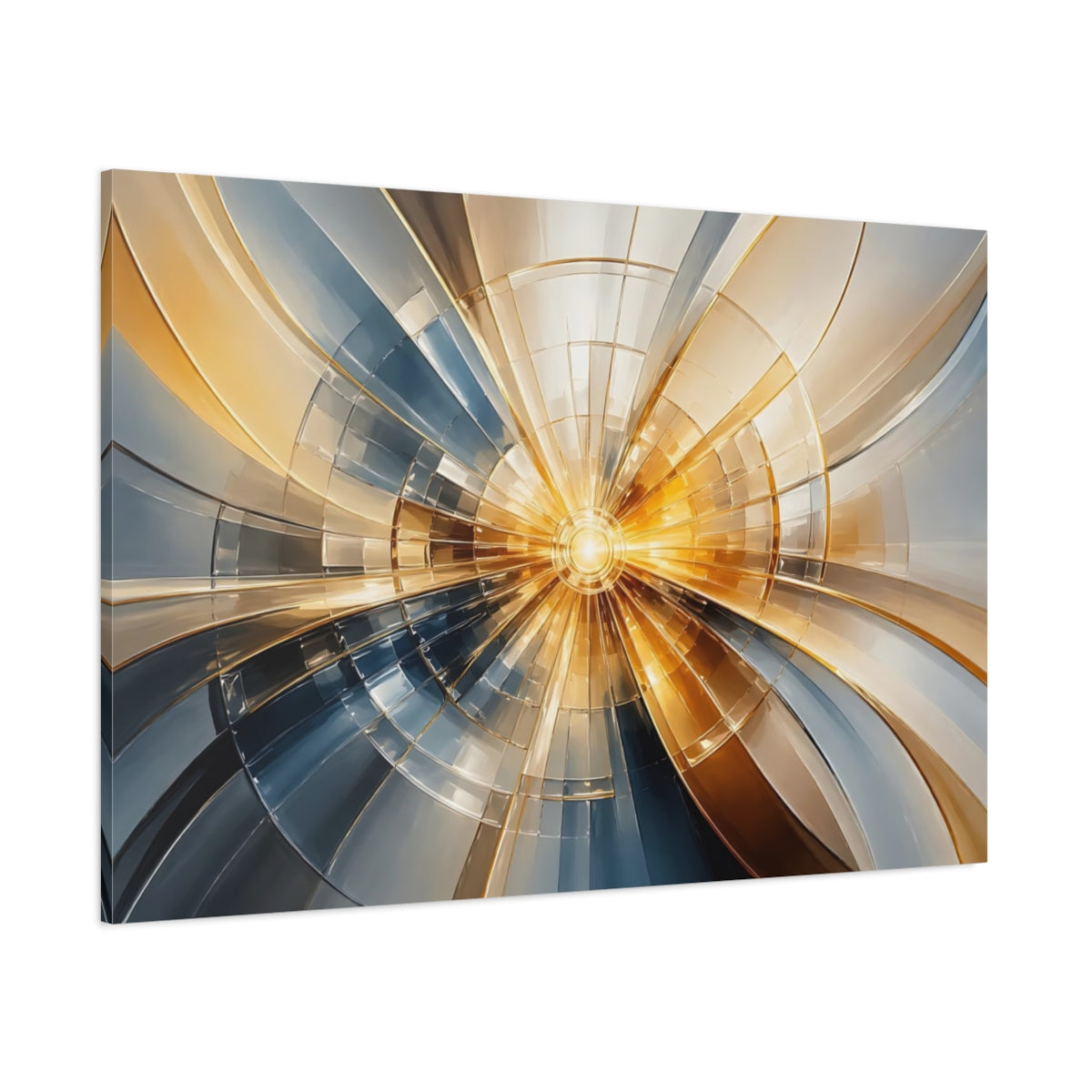 Side Mockup 1. Abstract Light Burst Gold Blue Abstract shown as stretched canvas wall art