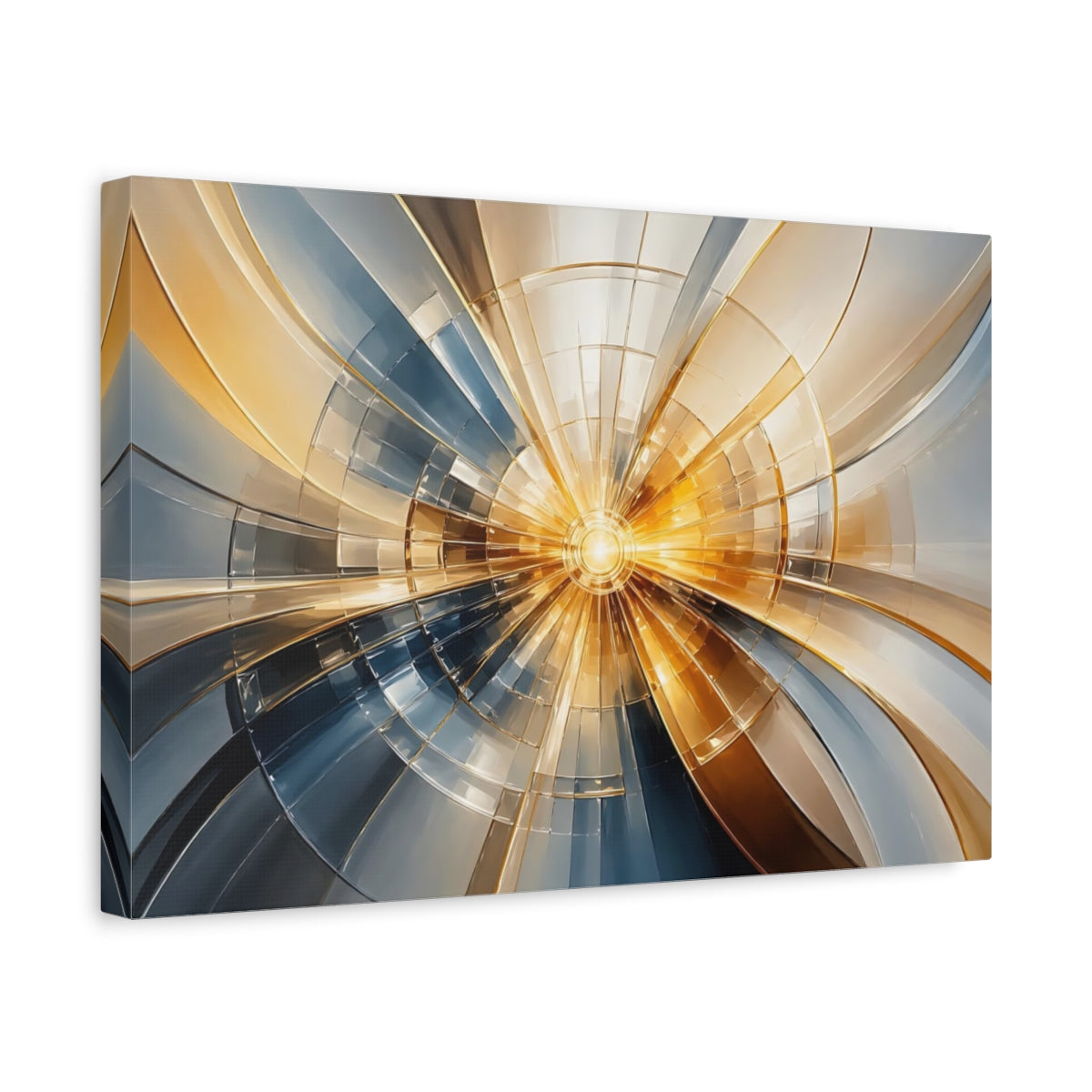 Side Mockup 4. Abstract Light Burst Gold Blue Abstract shown as stretched canvas wall art