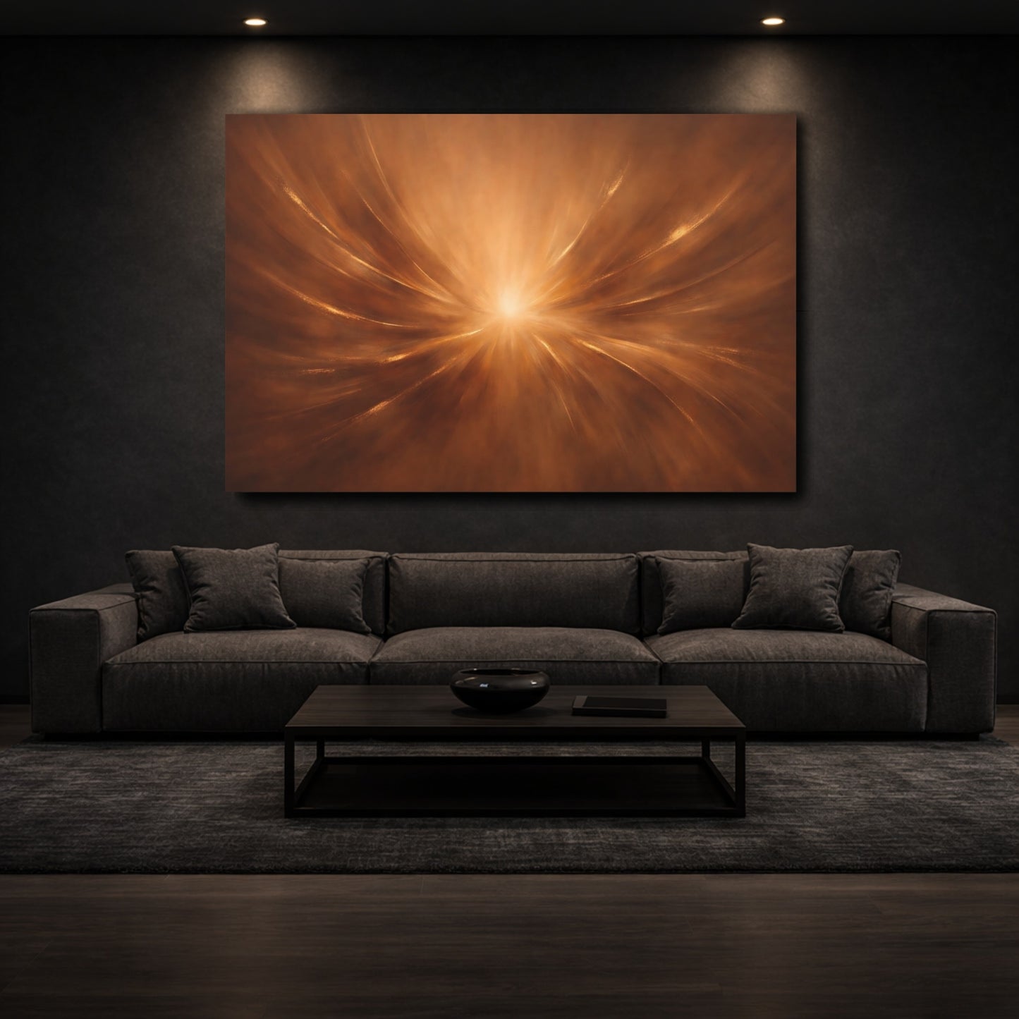 Mockup 2. Abstract Light Burst Gold Brown Abstract shown as stretched canvas wall art
