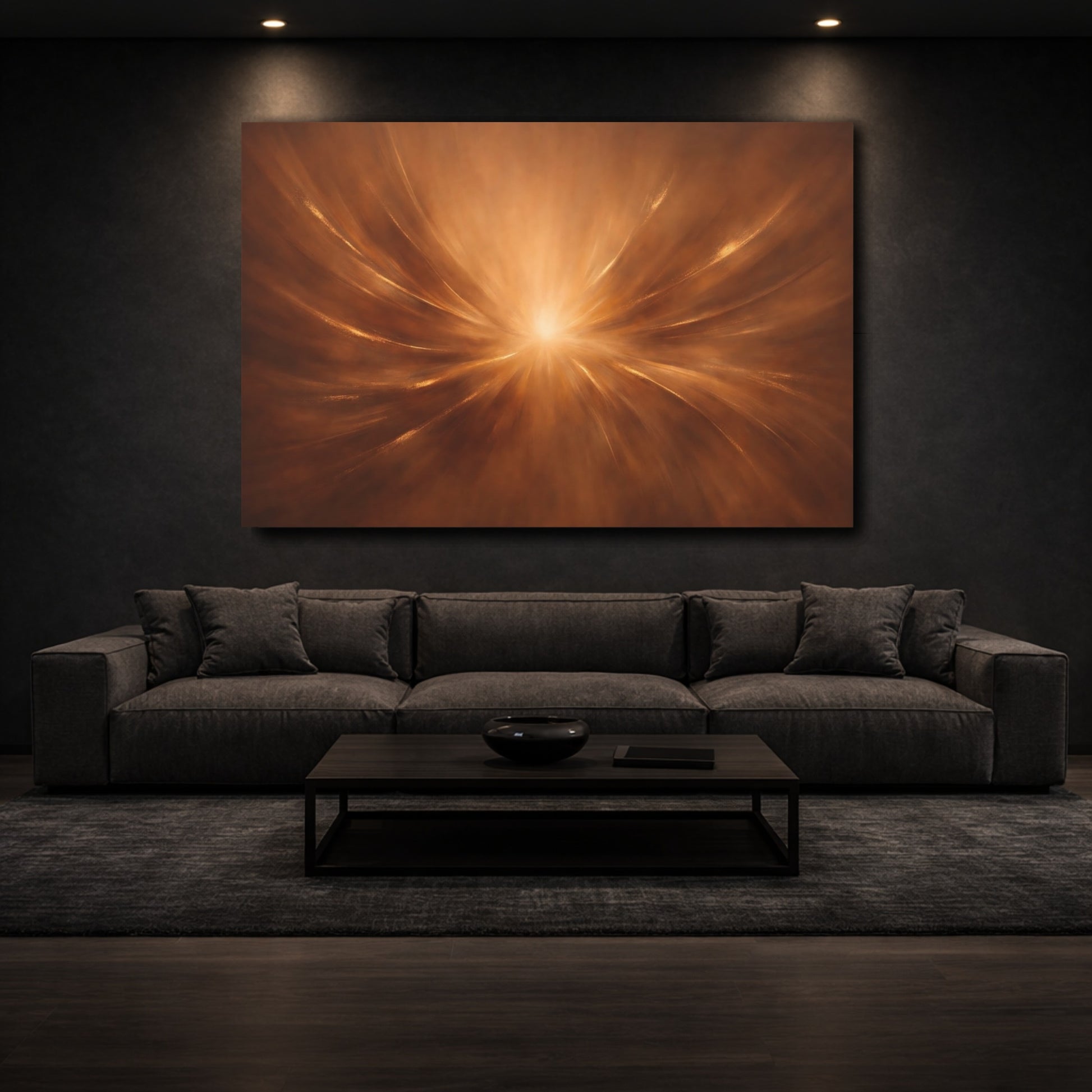 Mockup 2. Abstract Light Burst Gold Brown Abstract shown as stretched canvas wall art