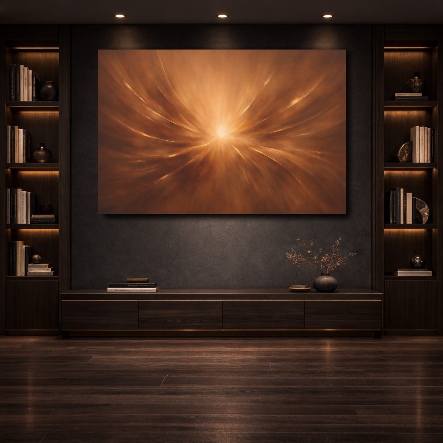 Mockup 3. Abstract Light Burst Gold Brown Abstract shown as stretched canvas wall art