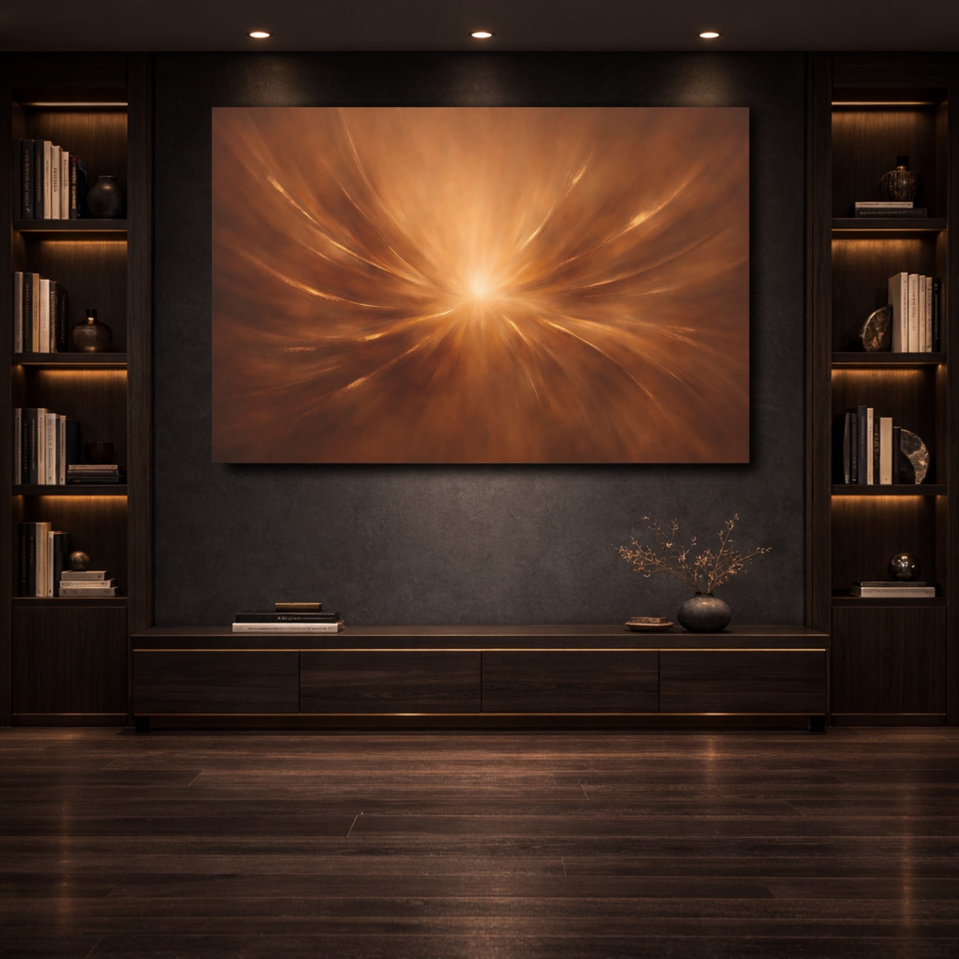 Mockup 3. Abstract Light Burst Gold Brown Abstract shown as stretched canvas wall art