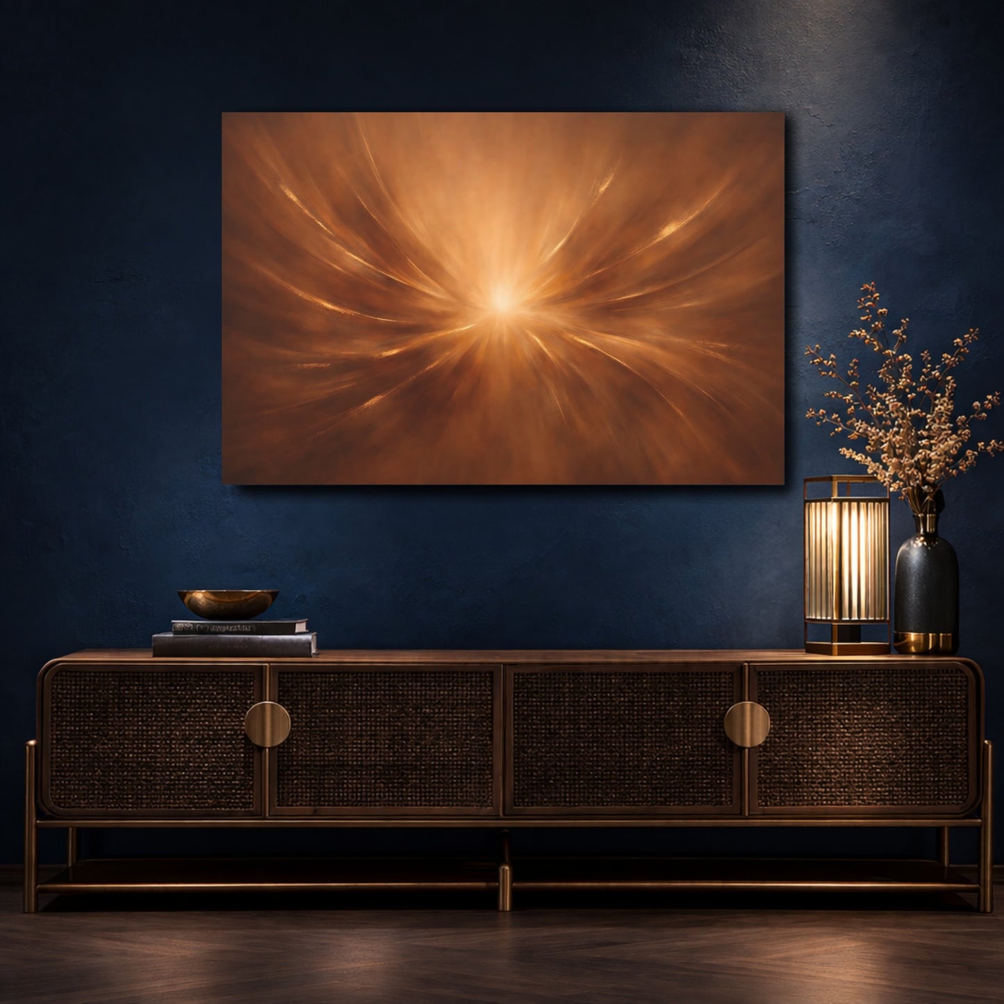 Mockup 4. Abstract Light Burst Gold Brown Abstract shown as stretched canvas wall art