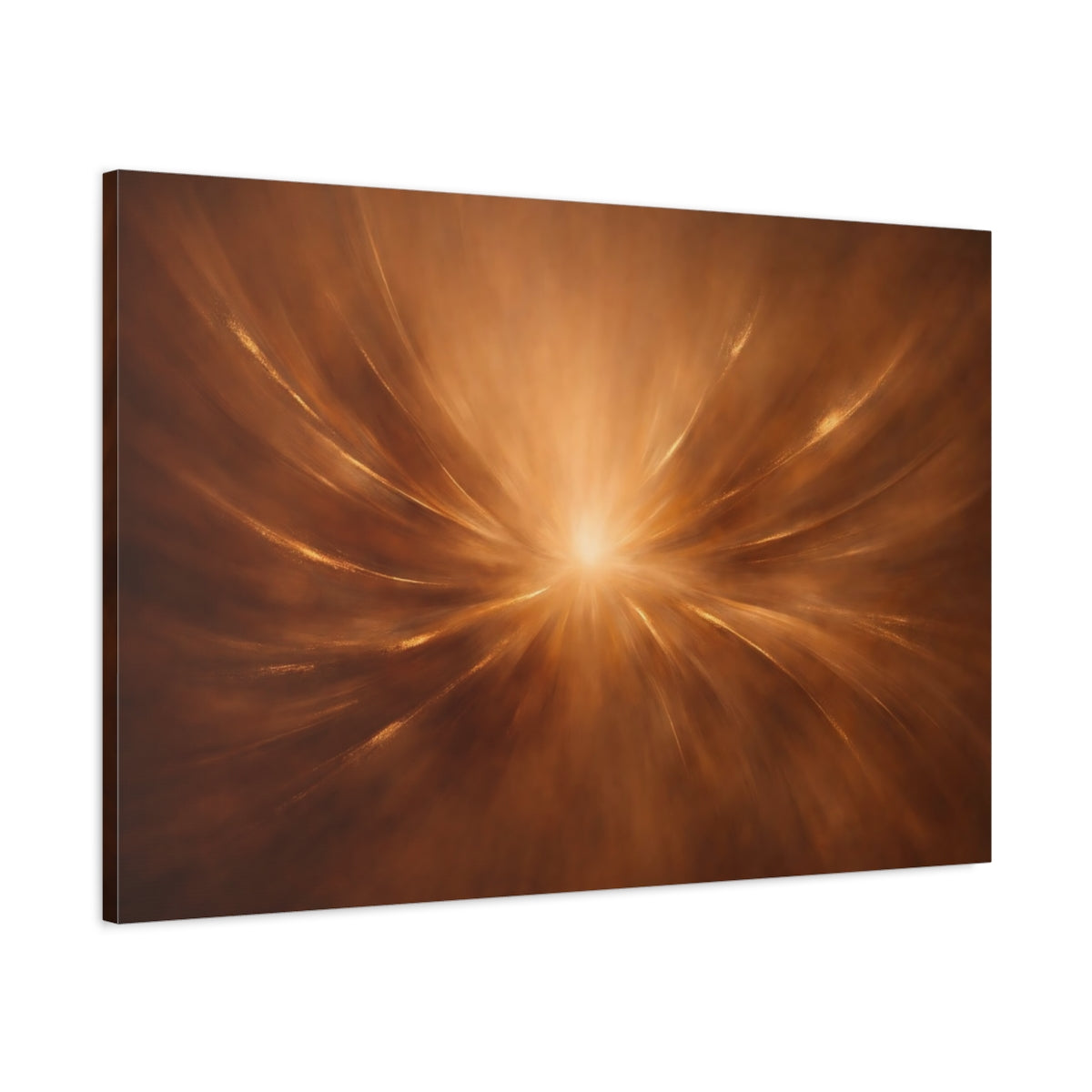 Side Mockup 1. Abstract Light Burst Gold Brown Abstract shown as stretched canvas wall art