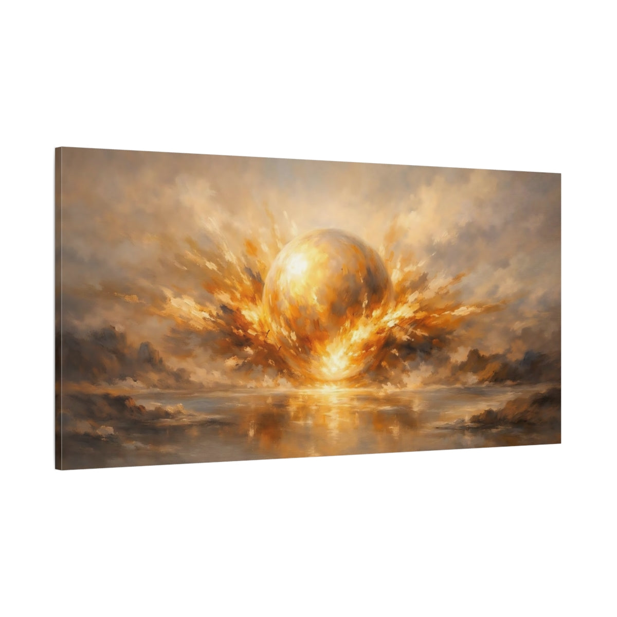 Main Mockup. Abstract Light Burst Golden Glow shown as stretched canvas wall art