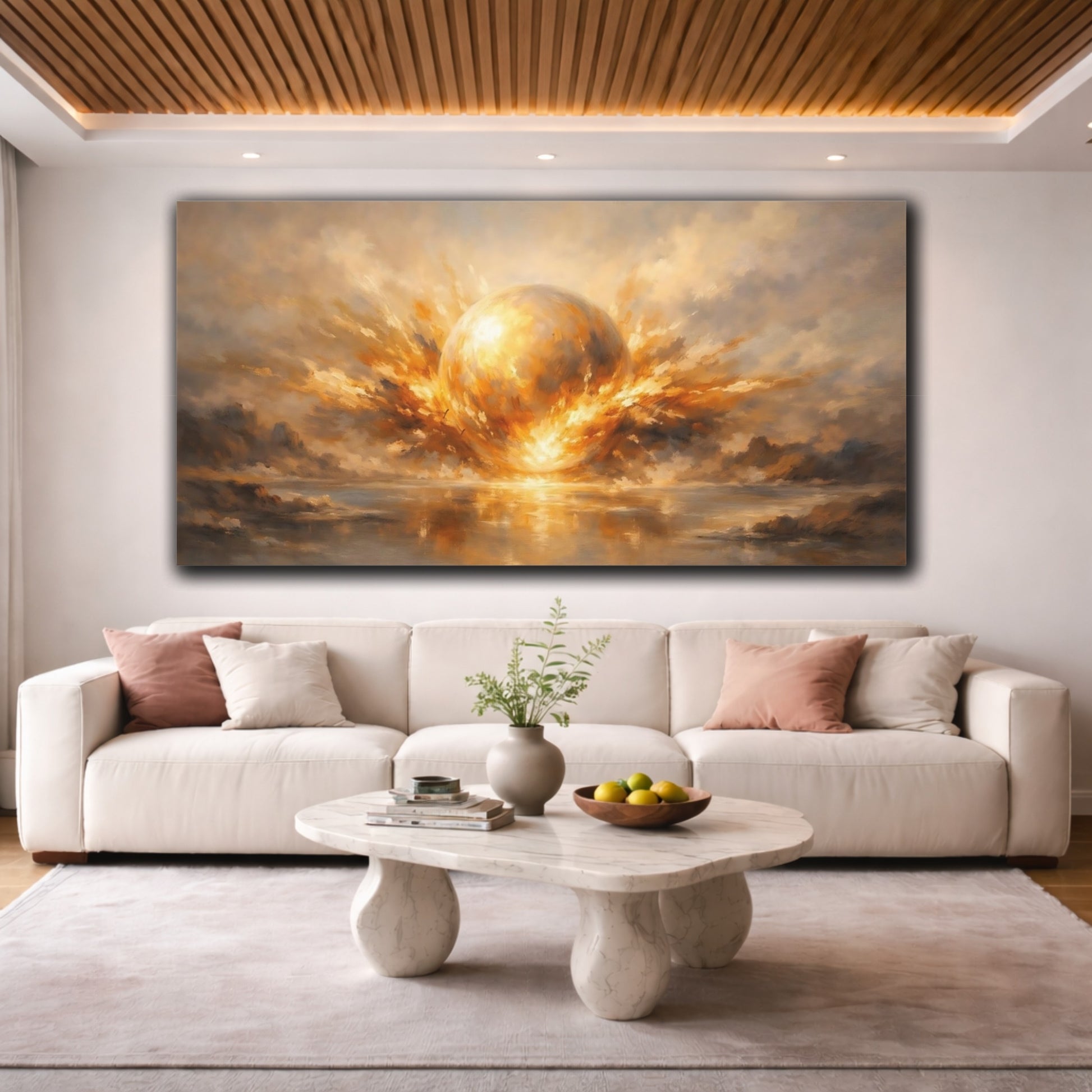Mockup 3. Abstract Light Burst Golden Glow shown as stretched canvas wall art
