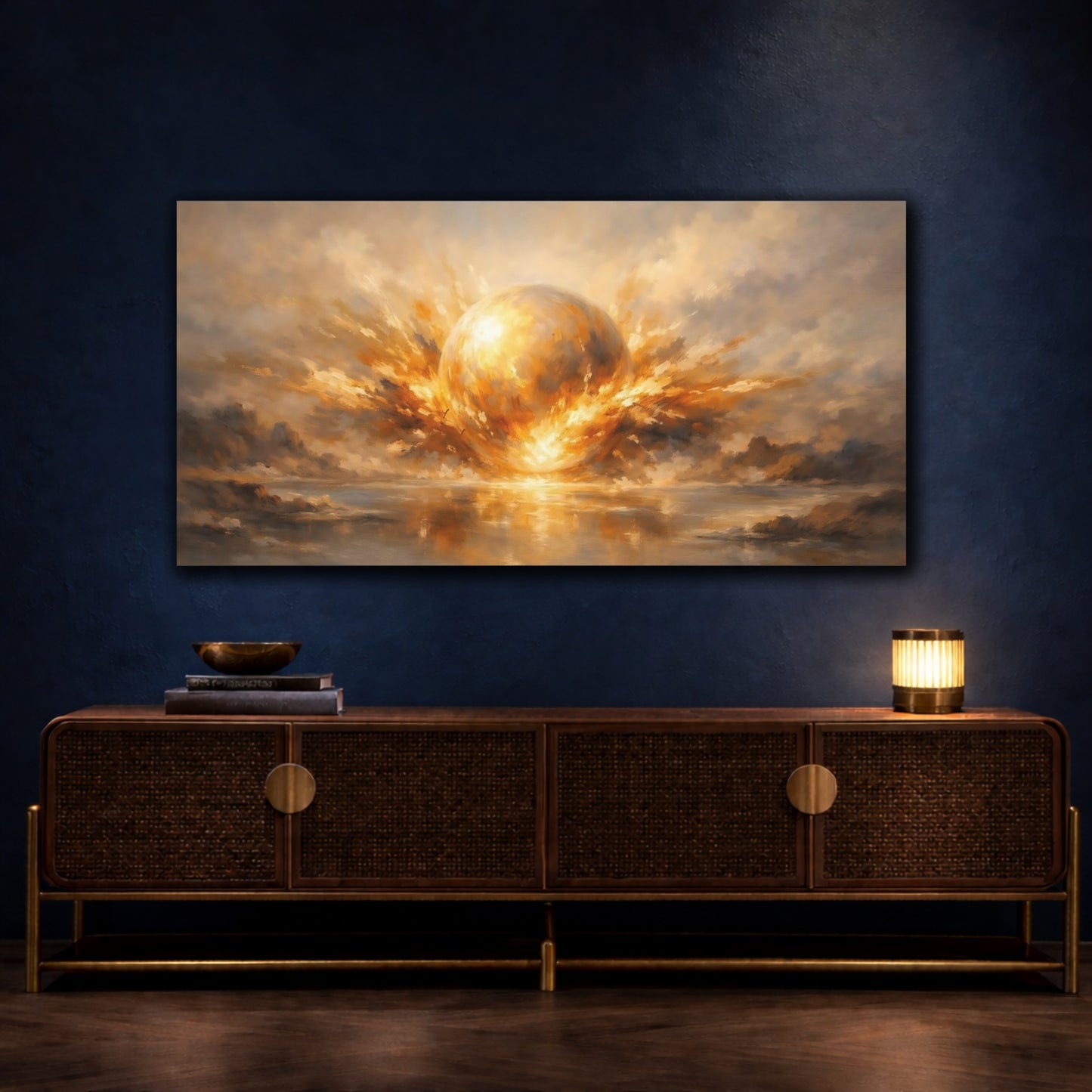 Mockup 4. Abstract Light Burst Golden Glow shown as stretched canvas wall art