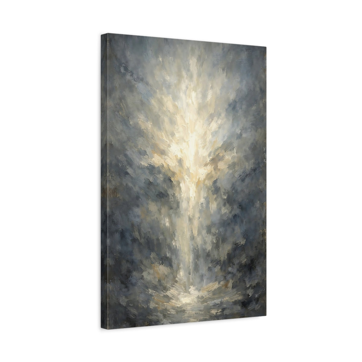 Side Mockup 3. Abstract Light Burst Grey And Gold Light shown as stretched canvas wall art