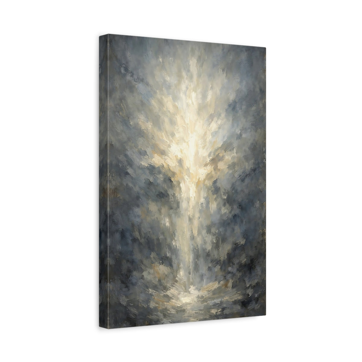 Side Mockup 4. Abstract Light Burst Grey And Gold Light shown as stretched canvas wall art