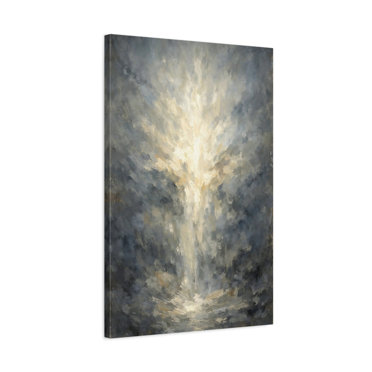 Side Mockup 2. Abstract Light Burst Grey And Gold Light shown as stretched canvas wall art