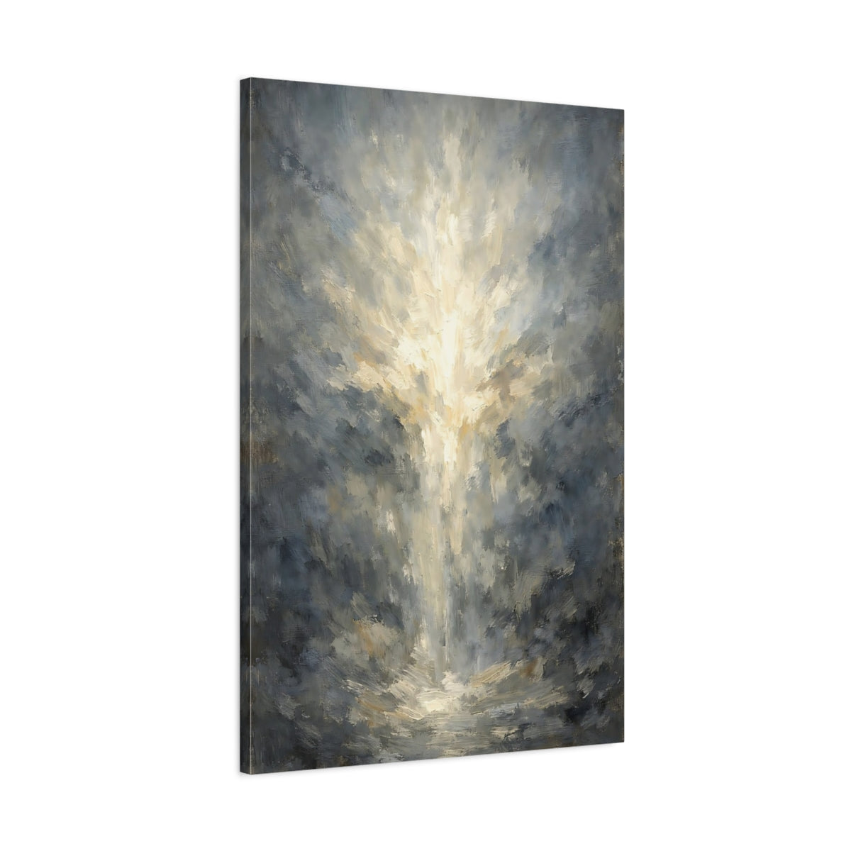 Side Mockup 1. Abstract Light Burst Grey And Gold Light shown as stretched canvas wall art