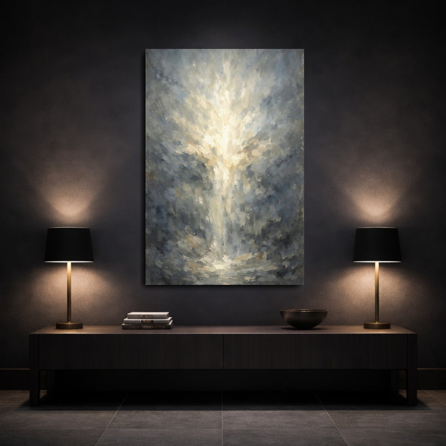 Mockup 2. Abstract Light Burst Grey And Gold Light shown as stretched canvas wall art