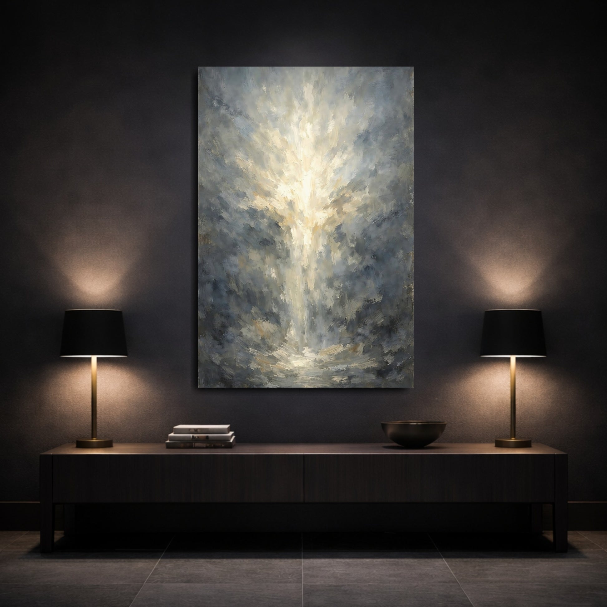 Mockup 2. Abstract Light Burst Grey And Gold Light shown as stretched canvas wall art