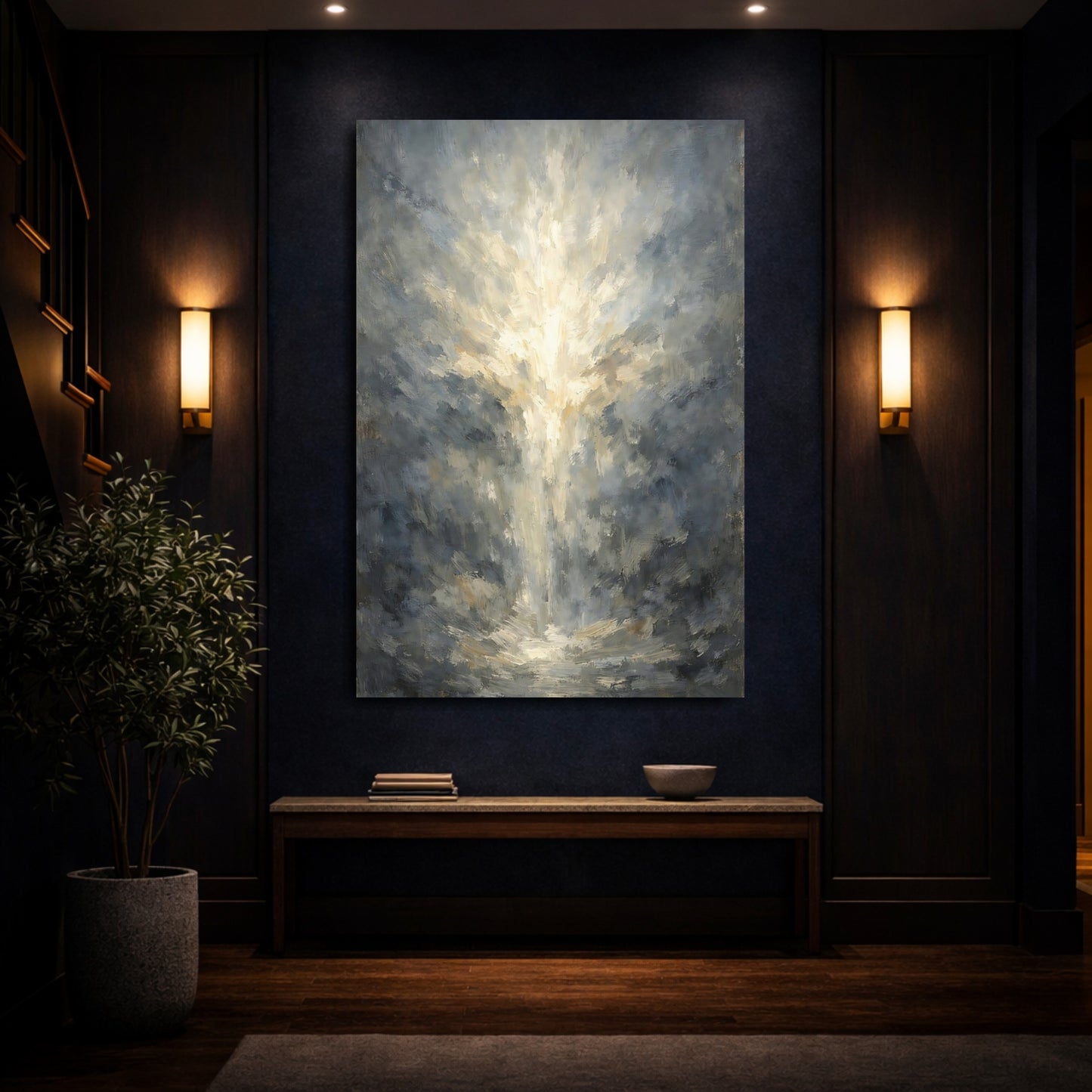 Mockup 3. Abstract Light Burst Grey And Gold Light shown as stretched canvas wall art