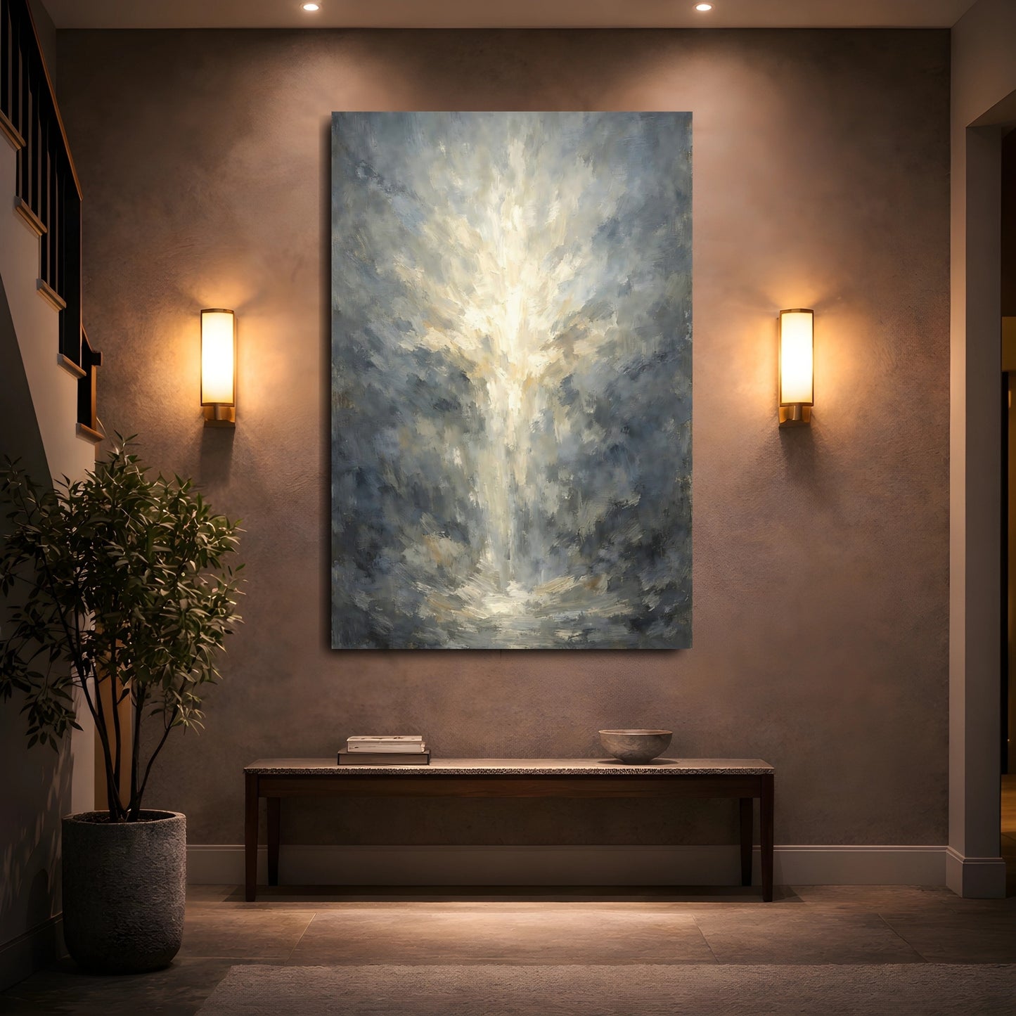 Mockup 4. Abstract Light Burst Grey And Gold Light shown as stretched canvas wall art