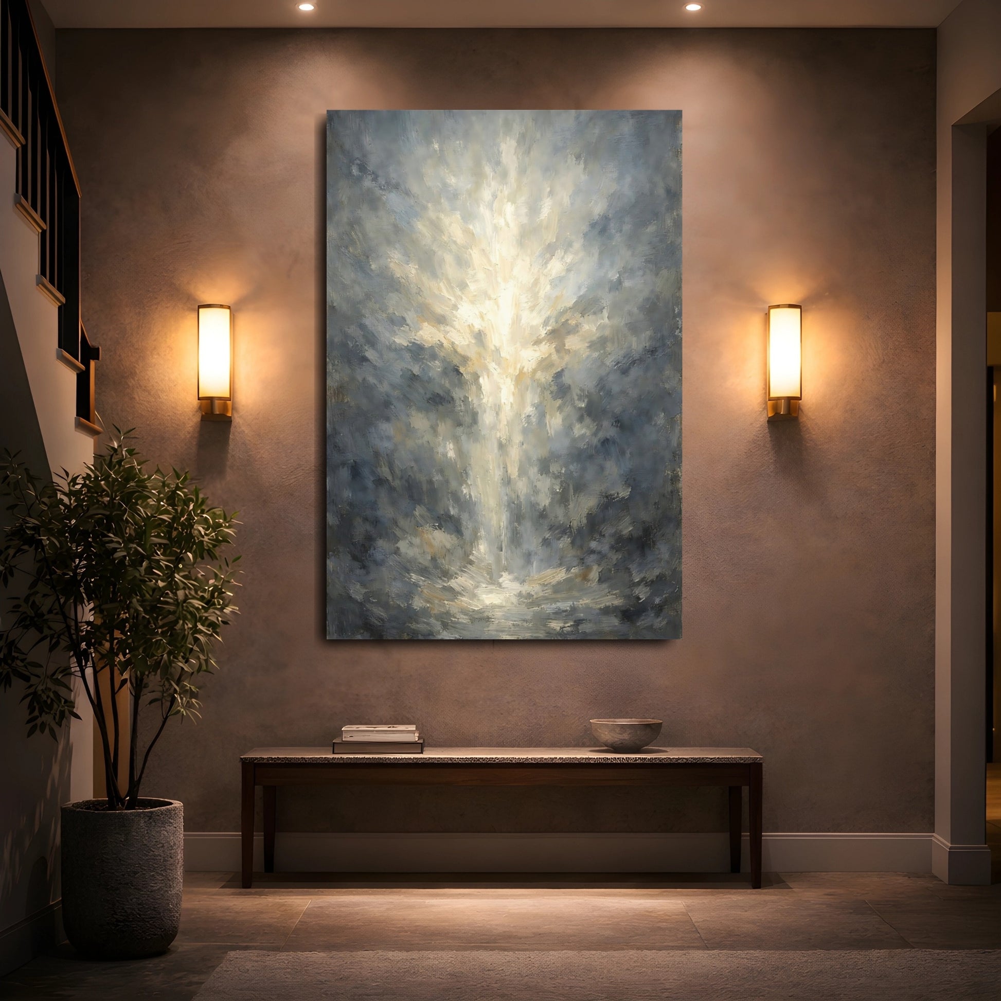 Mockup 4. Abstract Light Burst Grey And Gold Light shown as stretched canvas wall art