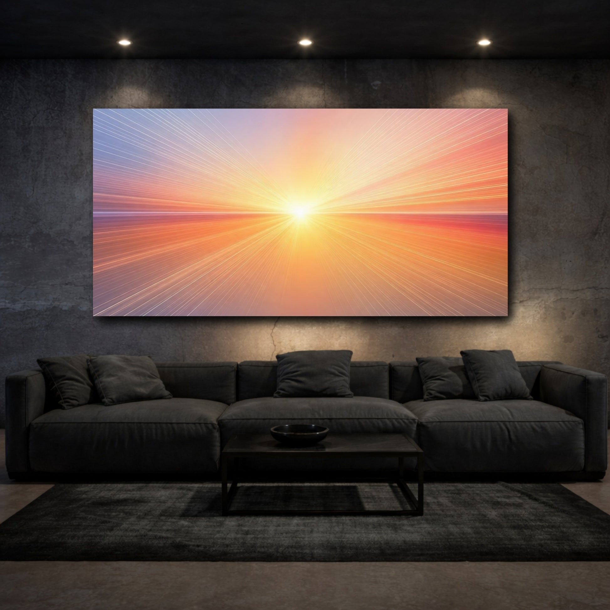 Mockup 2. Abstract Light Burst Orange Blue Abstract shown as stretched canvas wall art