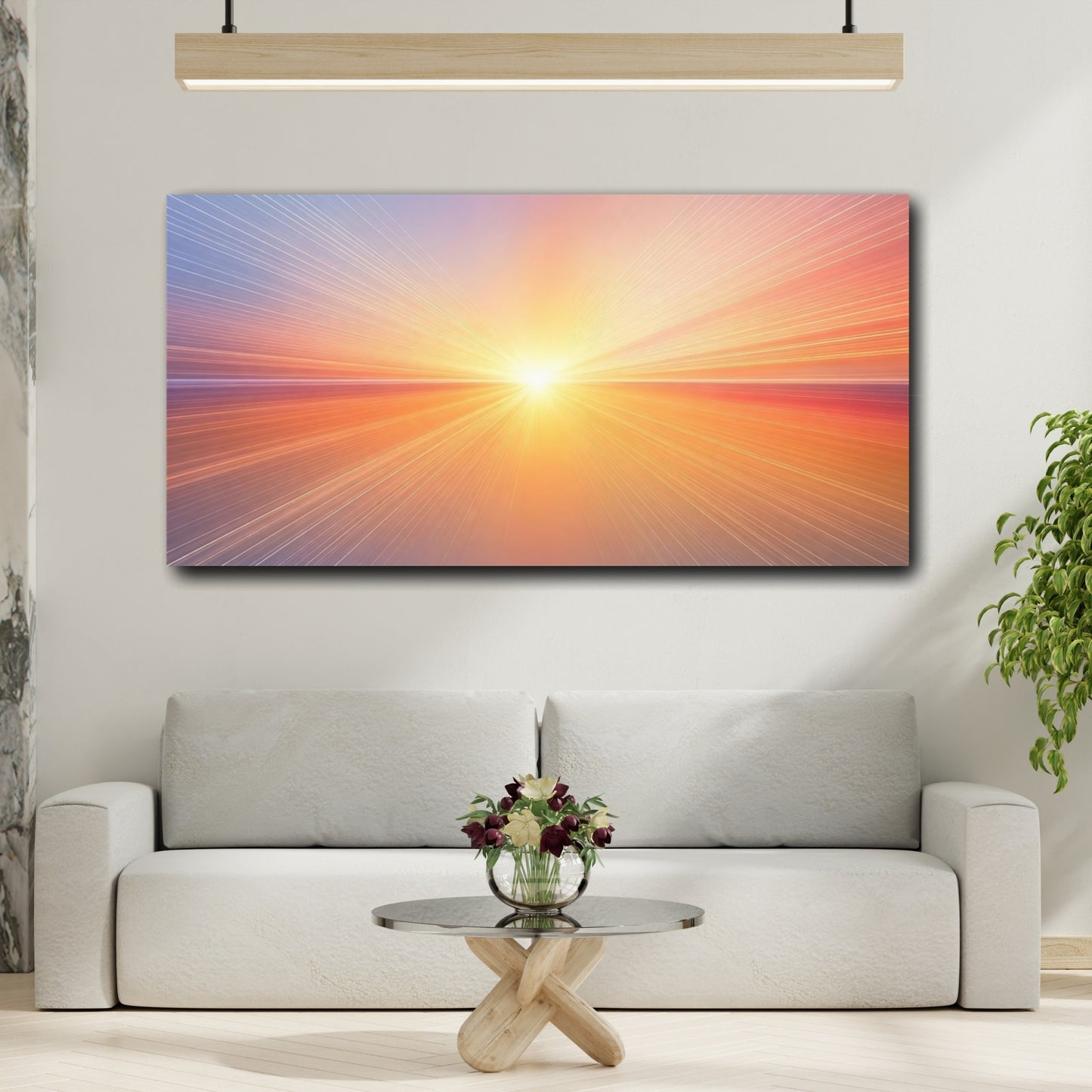 Mockup 3. Abstract Light Burst Orange Blue Abstract shown as stretched canvas wall art