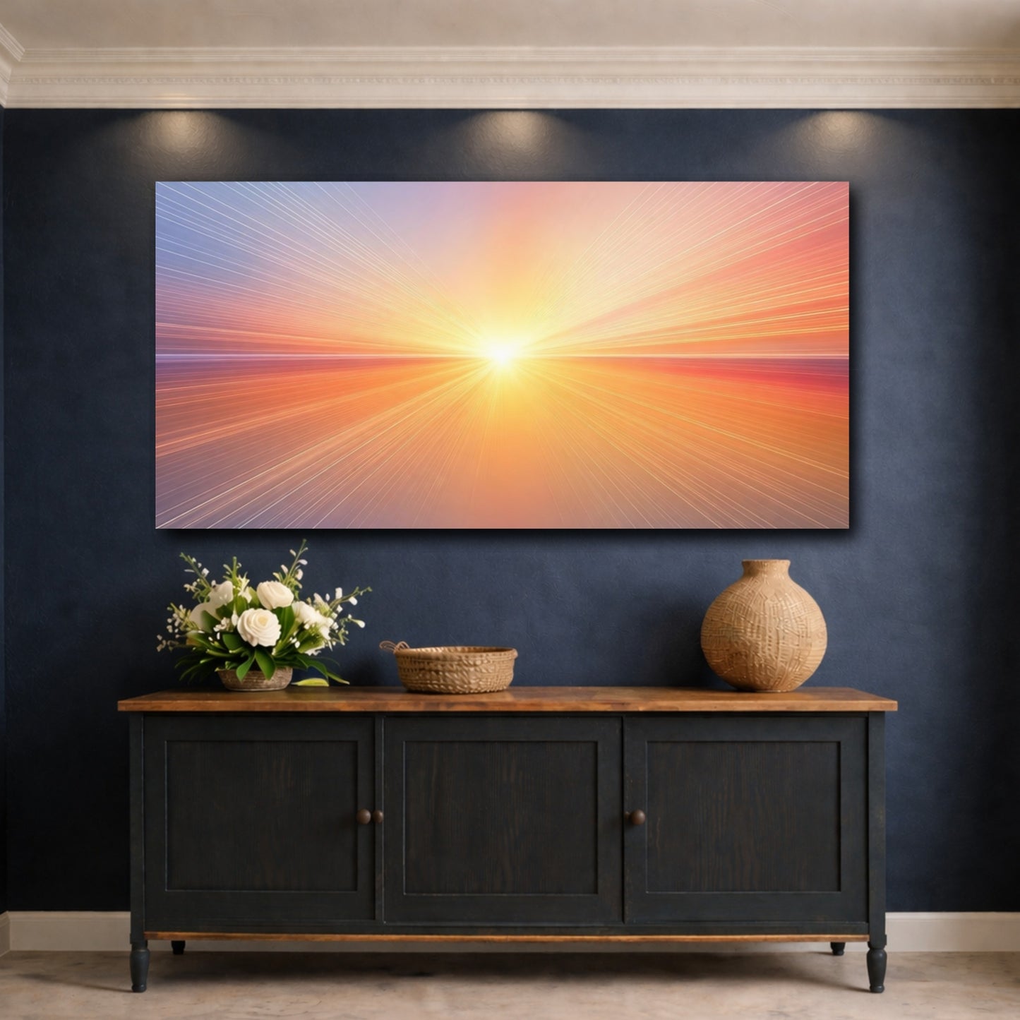 Mockup 4. Abstract Light Burst Orange Blue Abstract shown as stretched canvas wall art