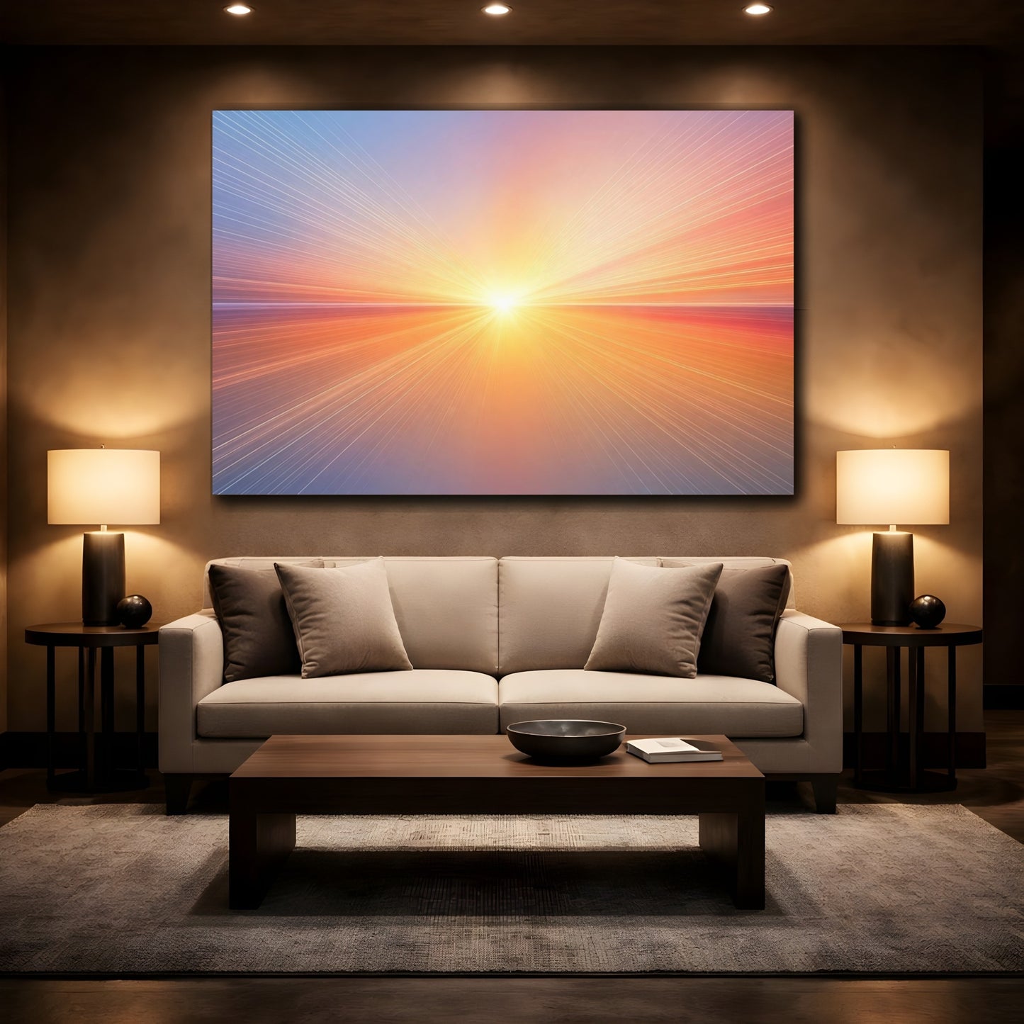 Mockup 2. Abstract Light Burst Orange Blue Gradient shown as stretched canvas wall art