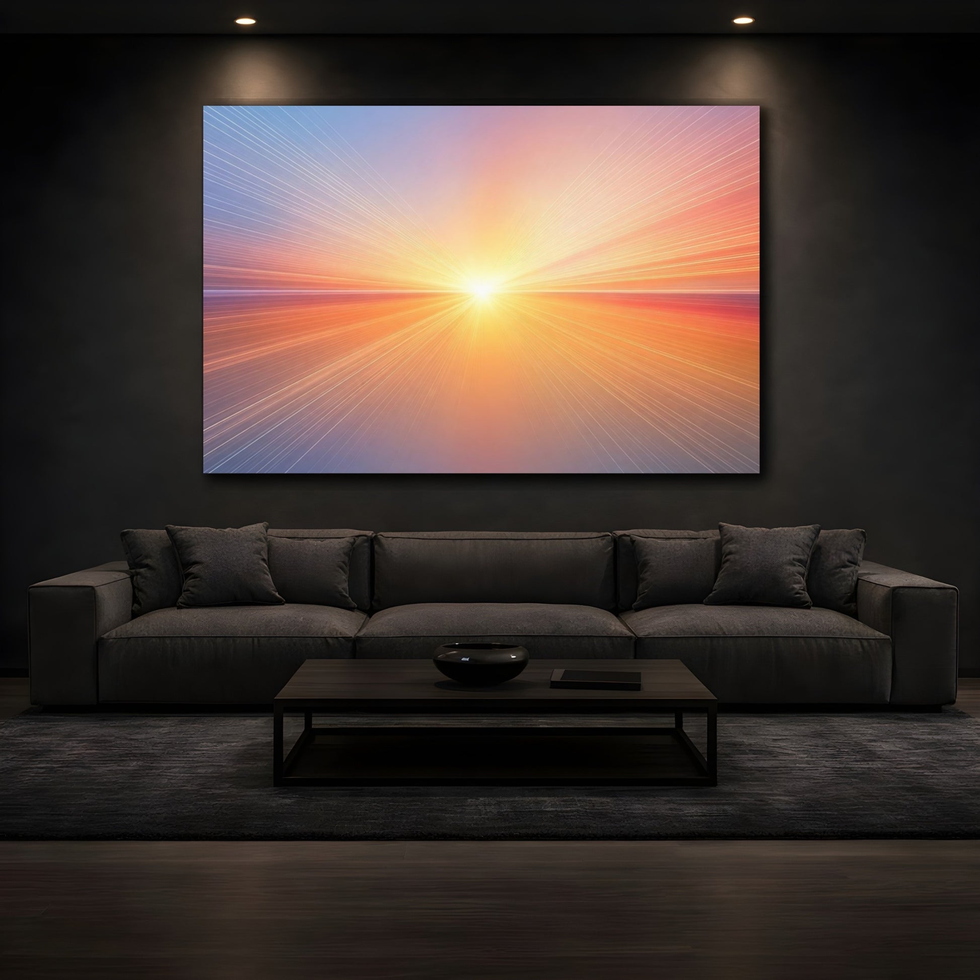 Mockup 3. Abstract Light Burst Orange Blue Gradient shown as stretched canvas wall art