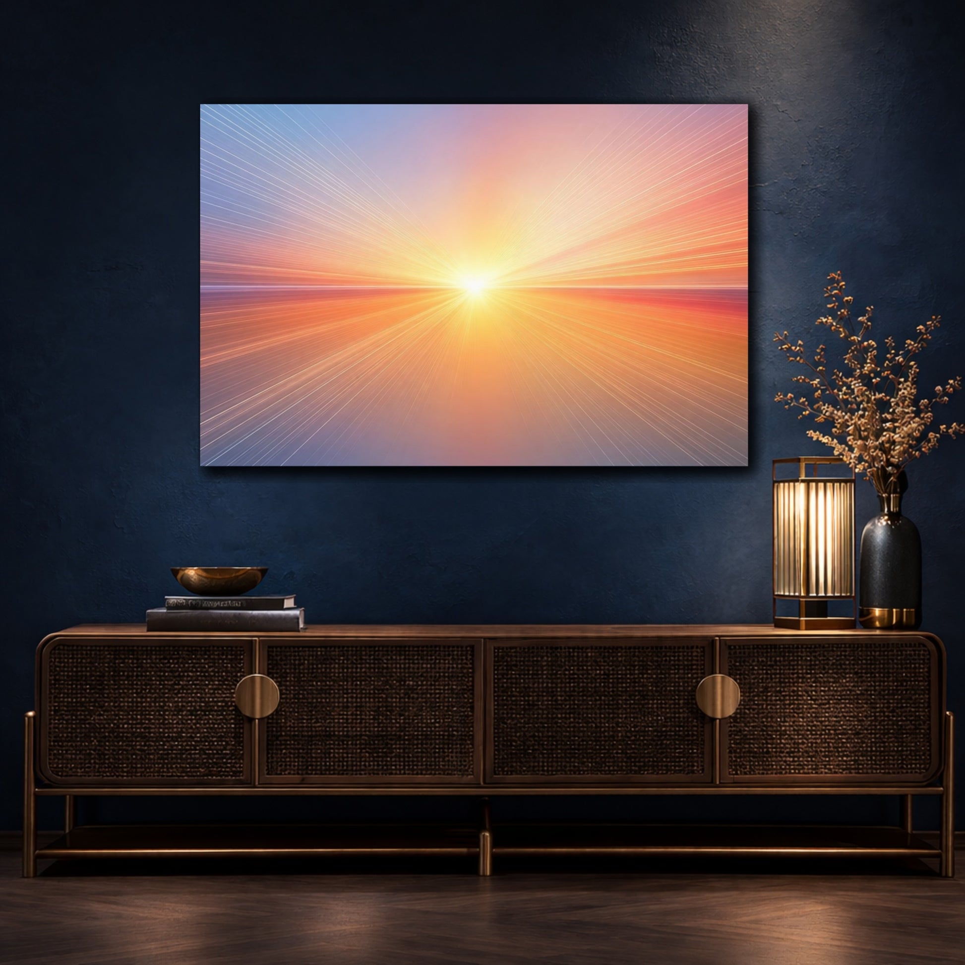 Mockup 4. Abstract Light Burst Orange Blue Gradient shown as stretched canvas wall art