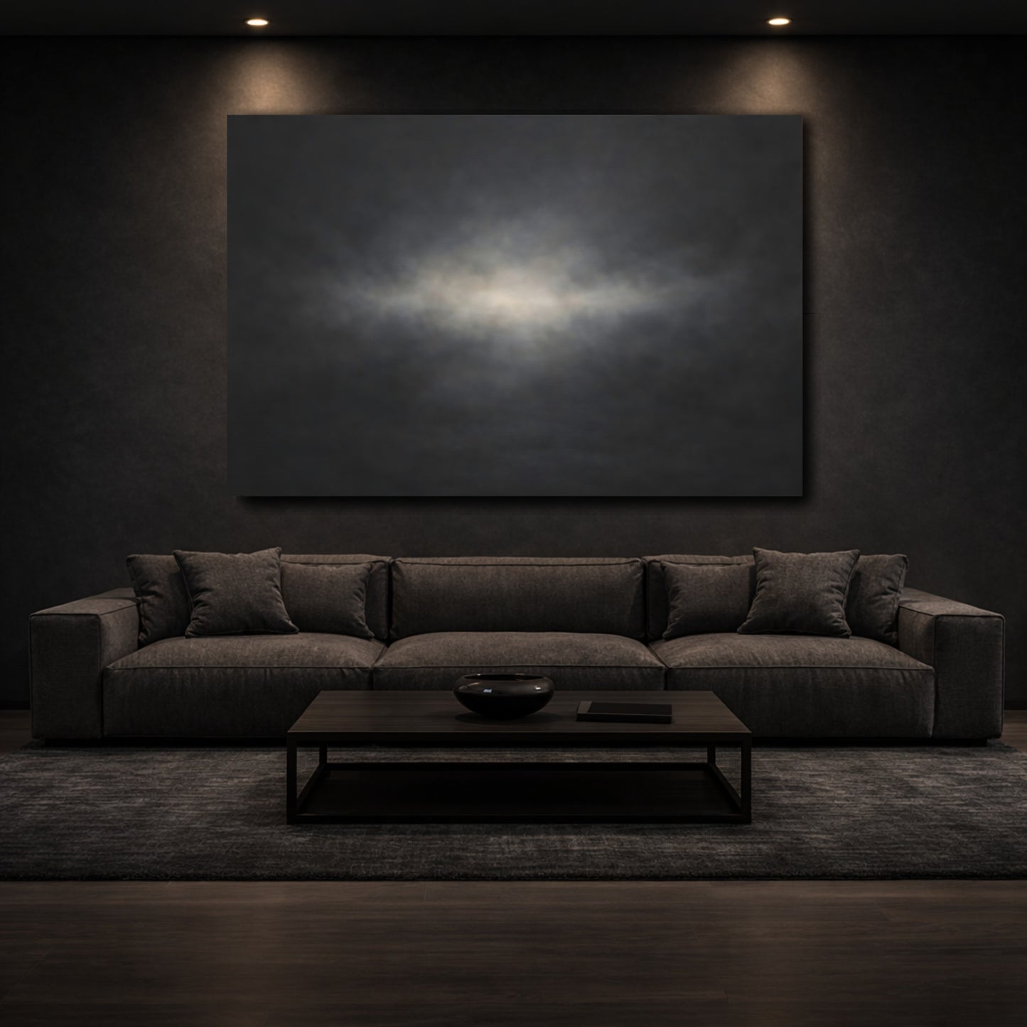 Mockup 2. Abstract Light Glow Dark Abstract shown as stretched canvas wall art