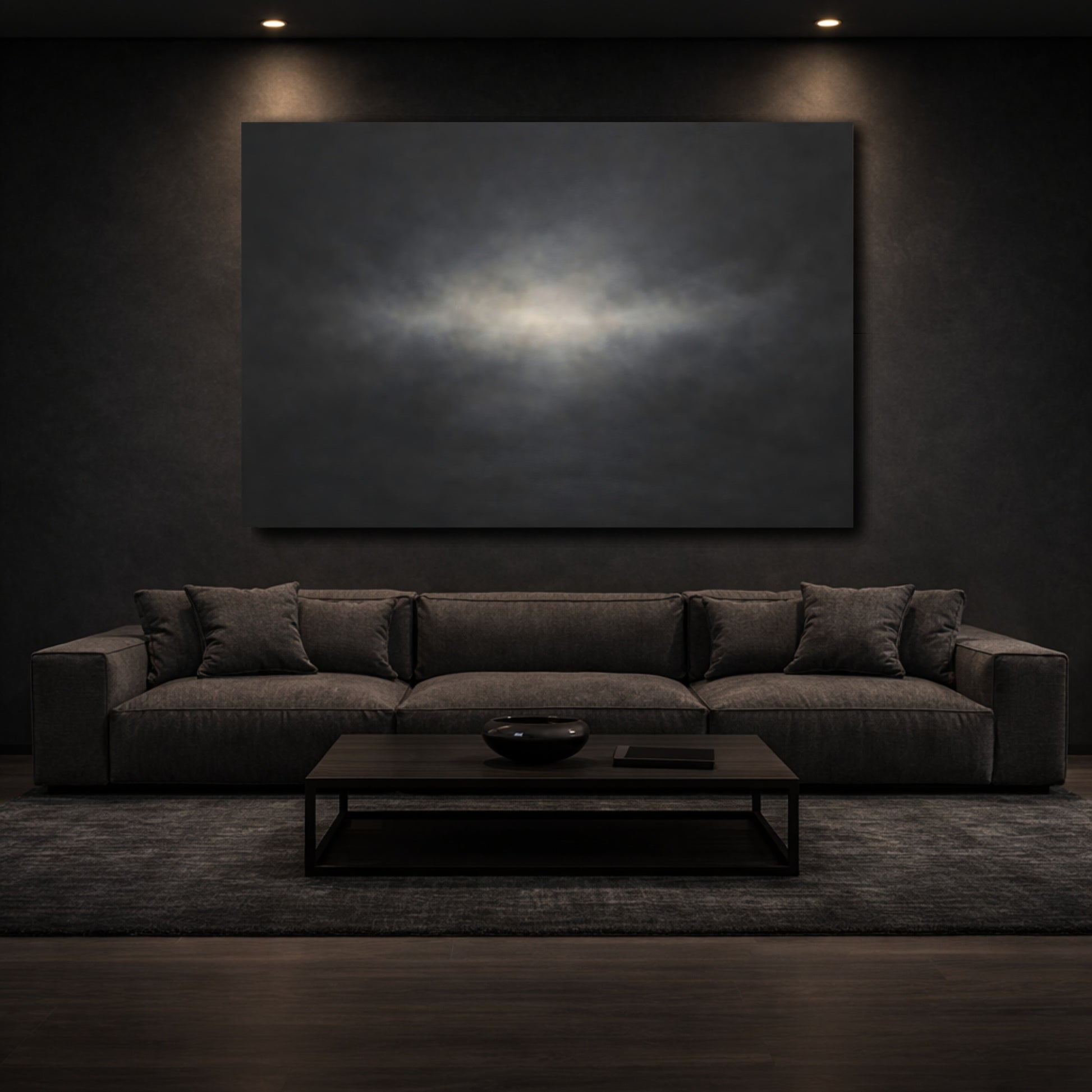 Mockup 2. Abstract Light Glow Dark Abstract shown as stretched canvas wall art