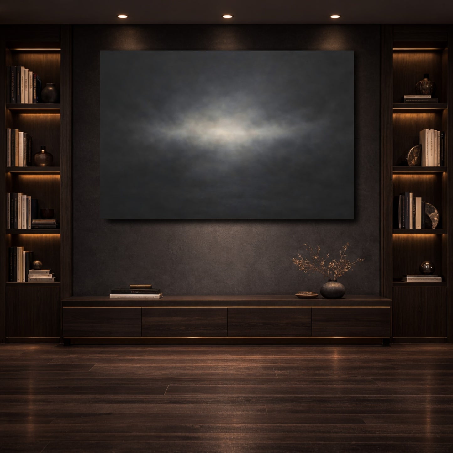 Mockup 3. Abstract Light Glow Dark Abstract shown as stretched canvas wall art