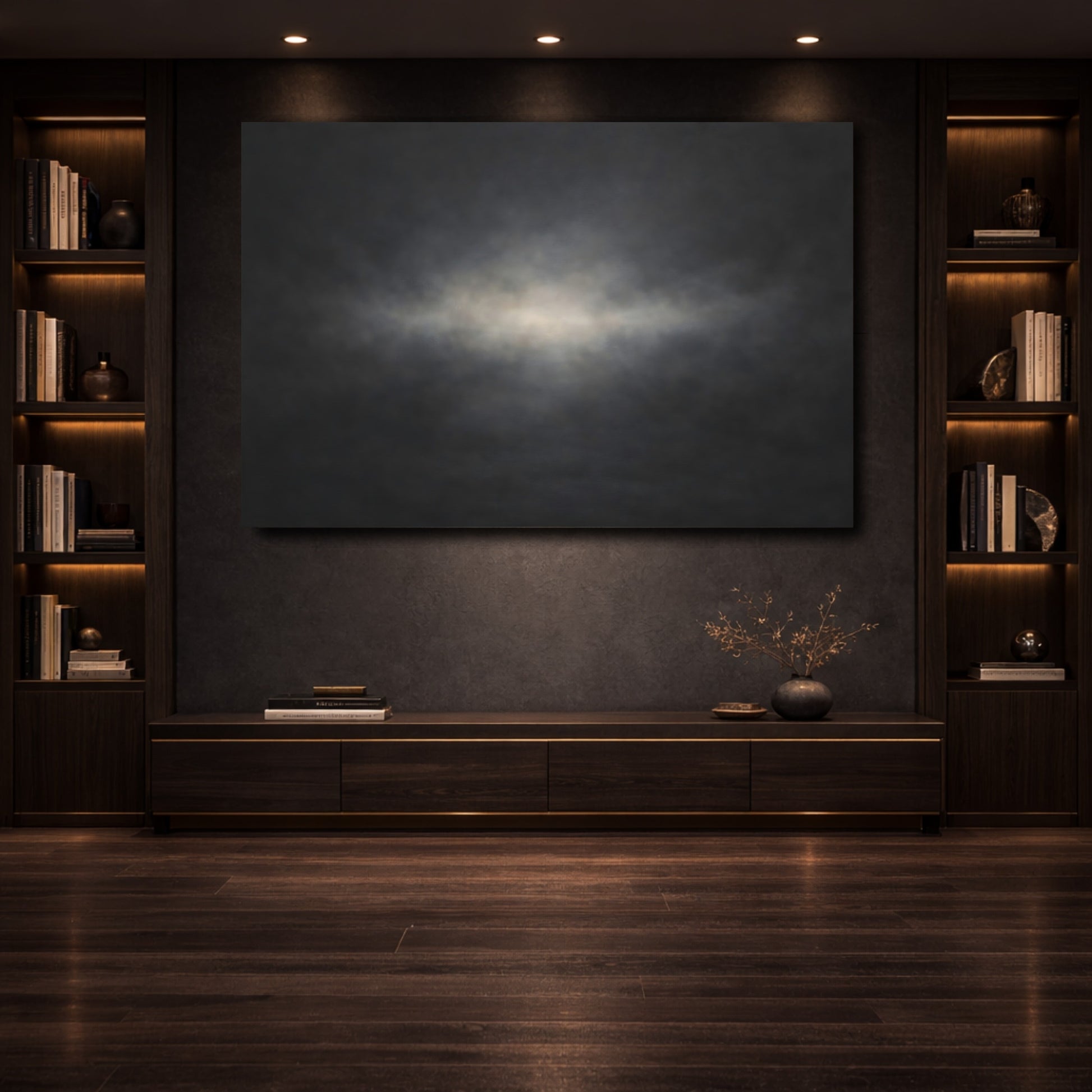 Mockup 3. Abstract Light Glow Dark Abstract shown as stretched canvas wall art