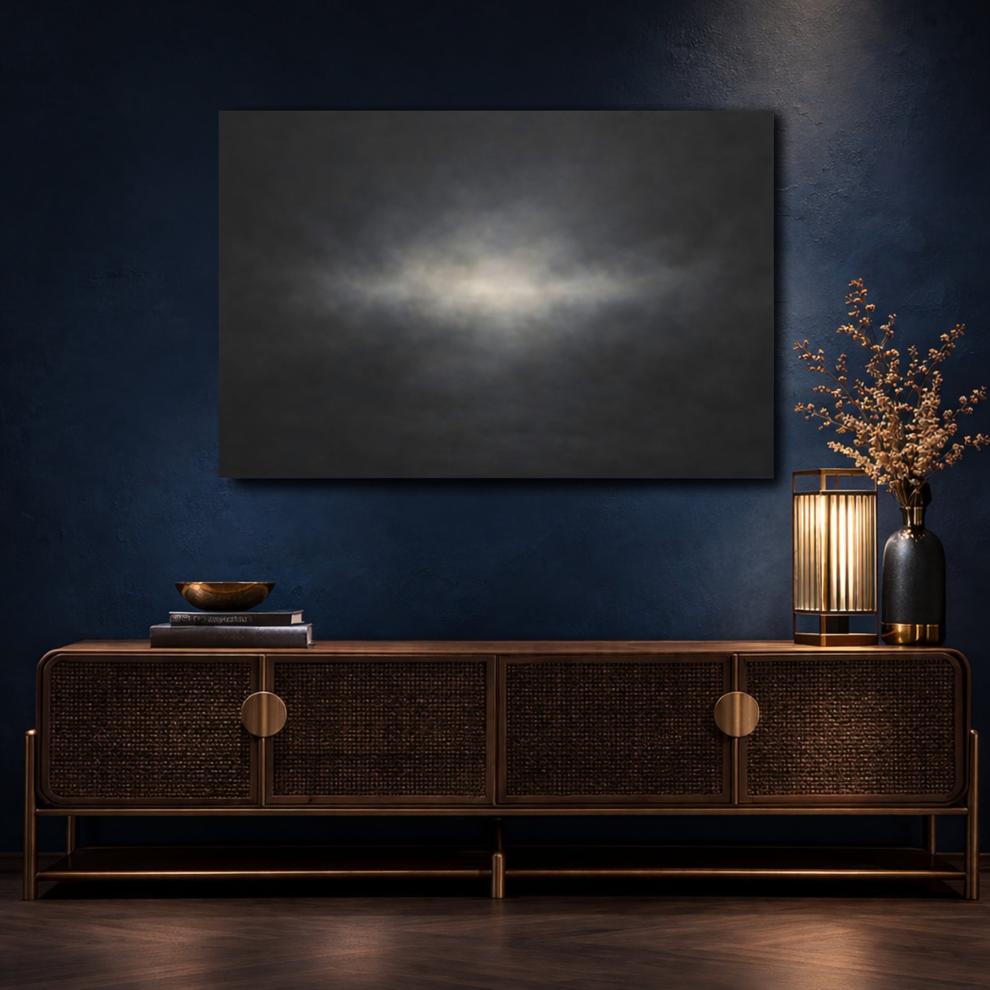 Mockup 4. Abstract Light Glow Dark Abstract shown as stretched canvas wall art