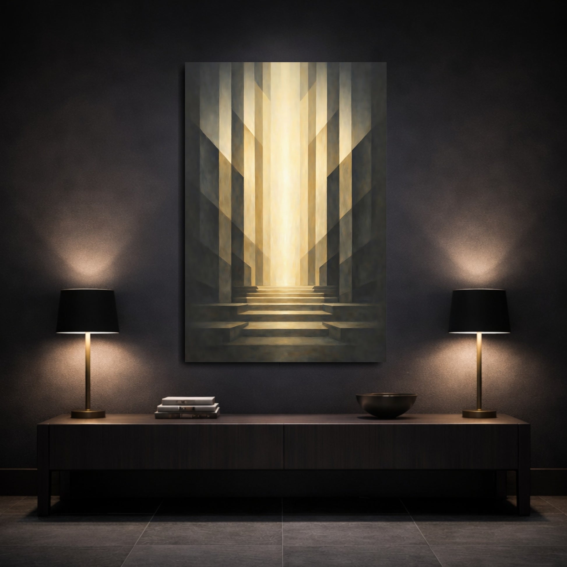 Mockup 2. Abstract Light Pathway Golden Light Pathway shown as stretched canvas wall art