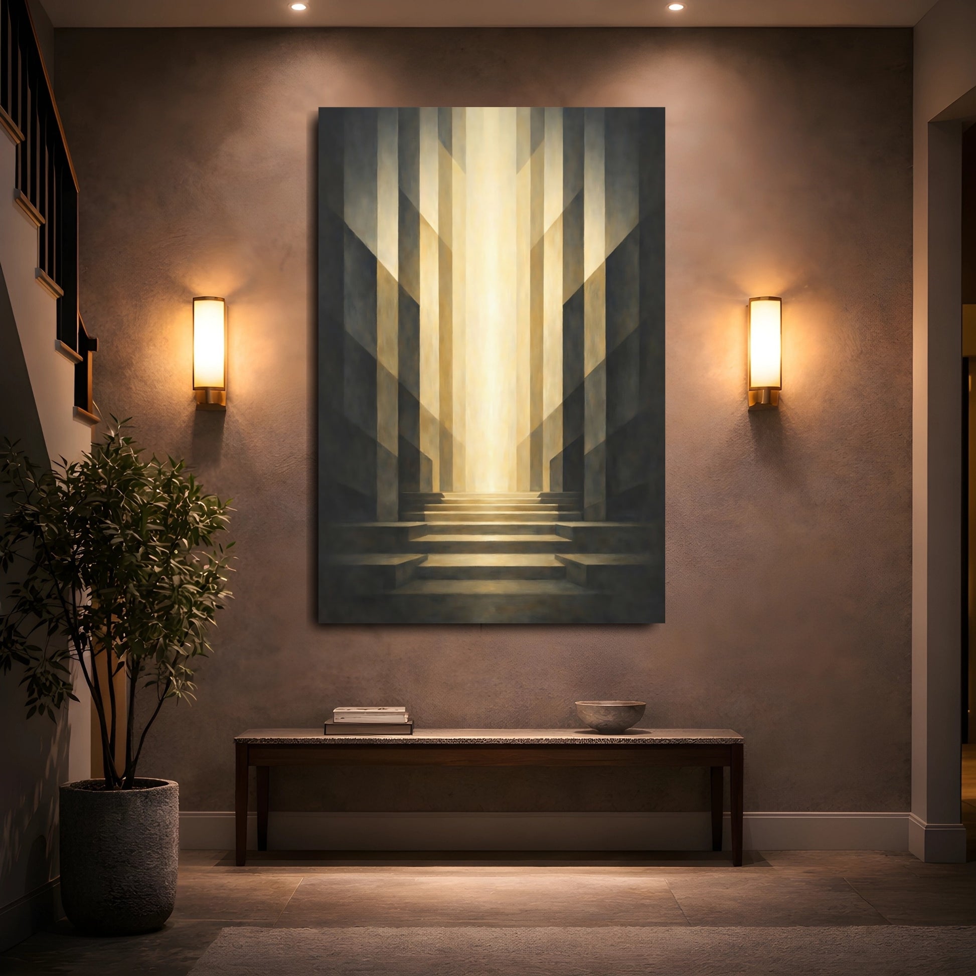 Mockup 4. Abstract Light Pathway Golden Light Pathway shown as stretched canvas wall art