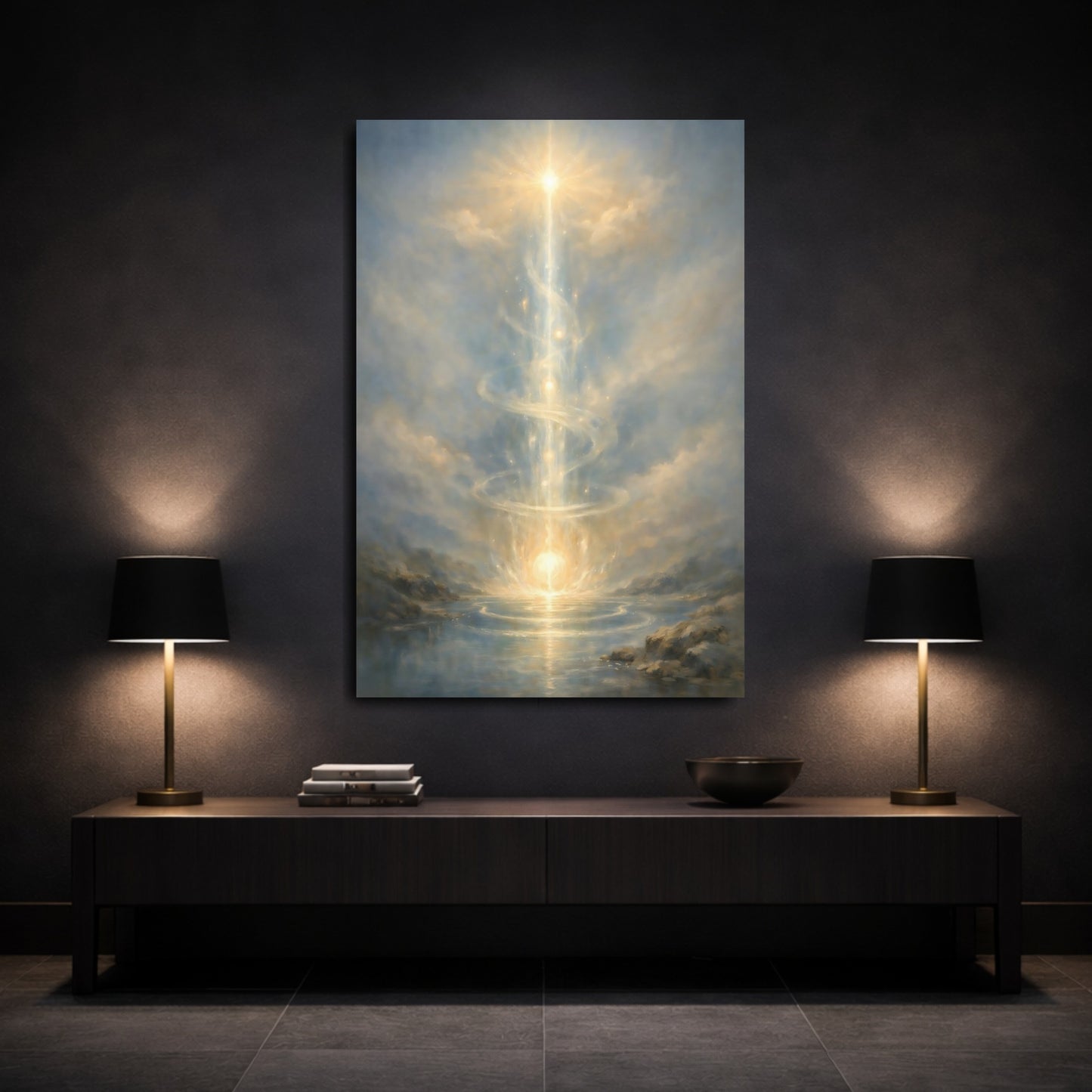Mockup 2. Abstract Light Pillar Blue And Gold shown as stretched canvas wall art