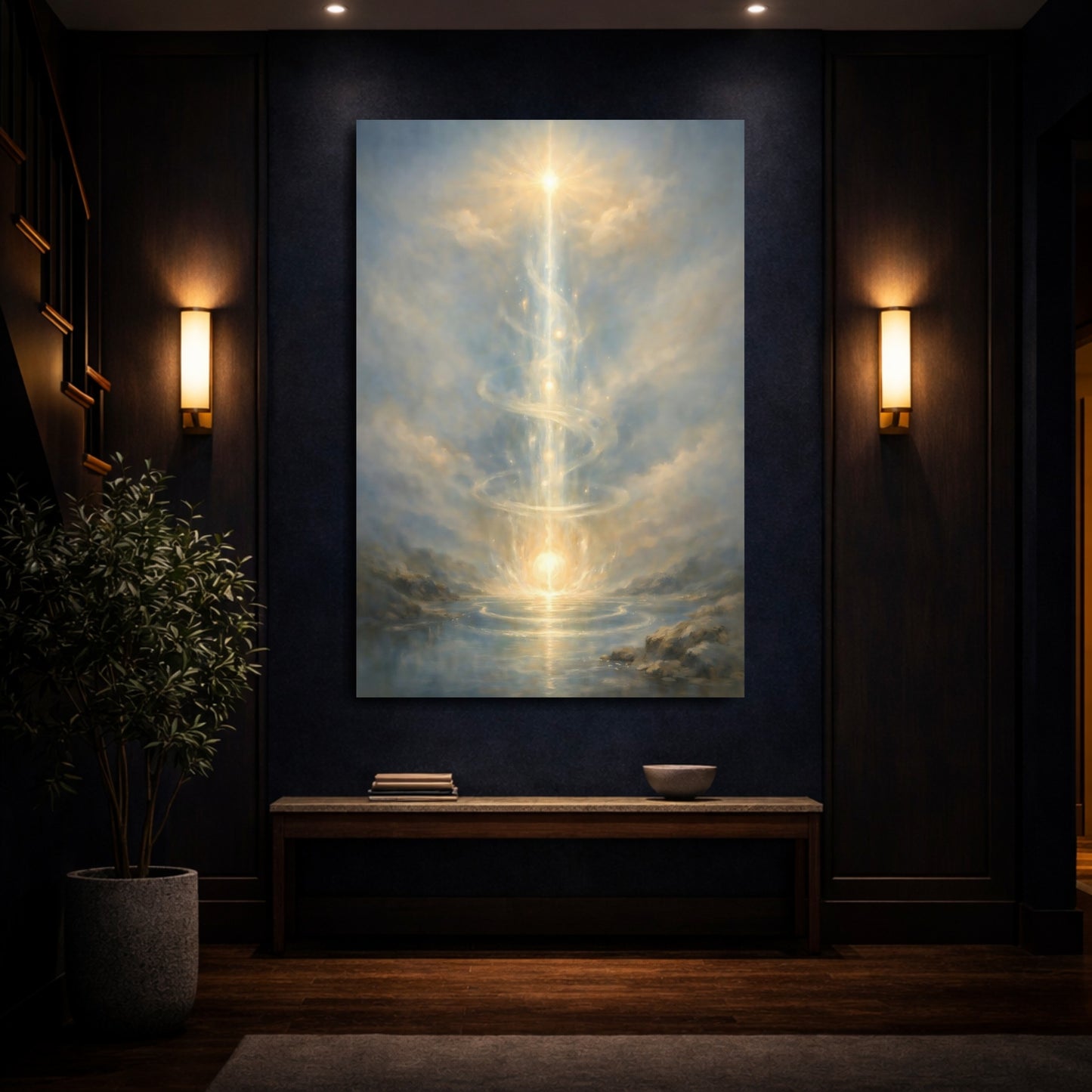 Mockup 3. Abstract Light Pillar Blue And Gold shown as stretched canvas wall art