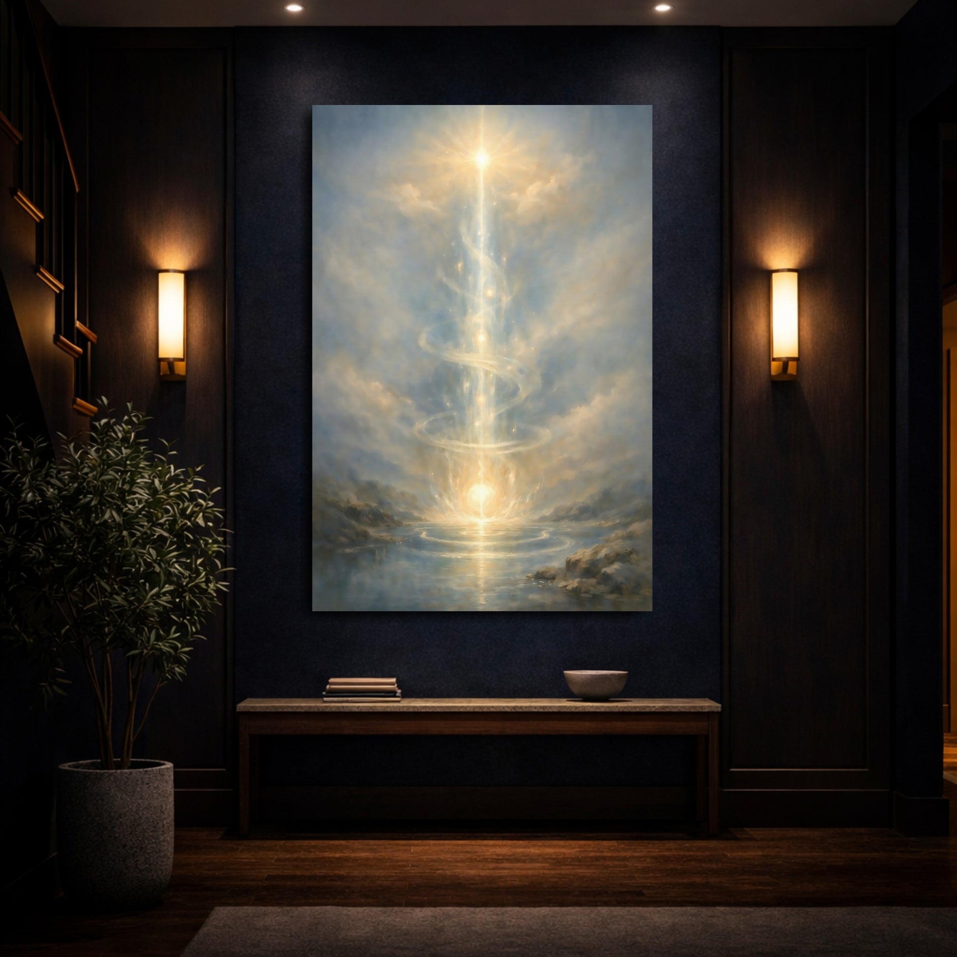 Mockup 3. Abstract Light Pillar Blue And Gold shown as stretched canvas wall art