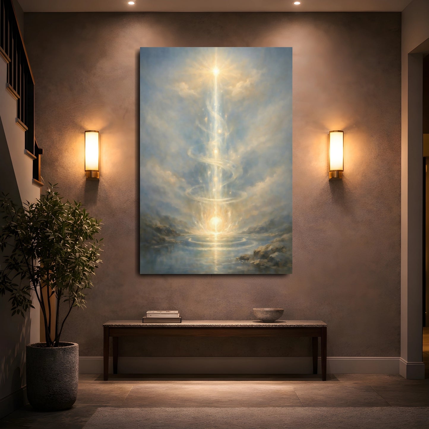 Mockup 4. Abstract Light Pillar Blue And Gold shown as stretched canvas wall art
