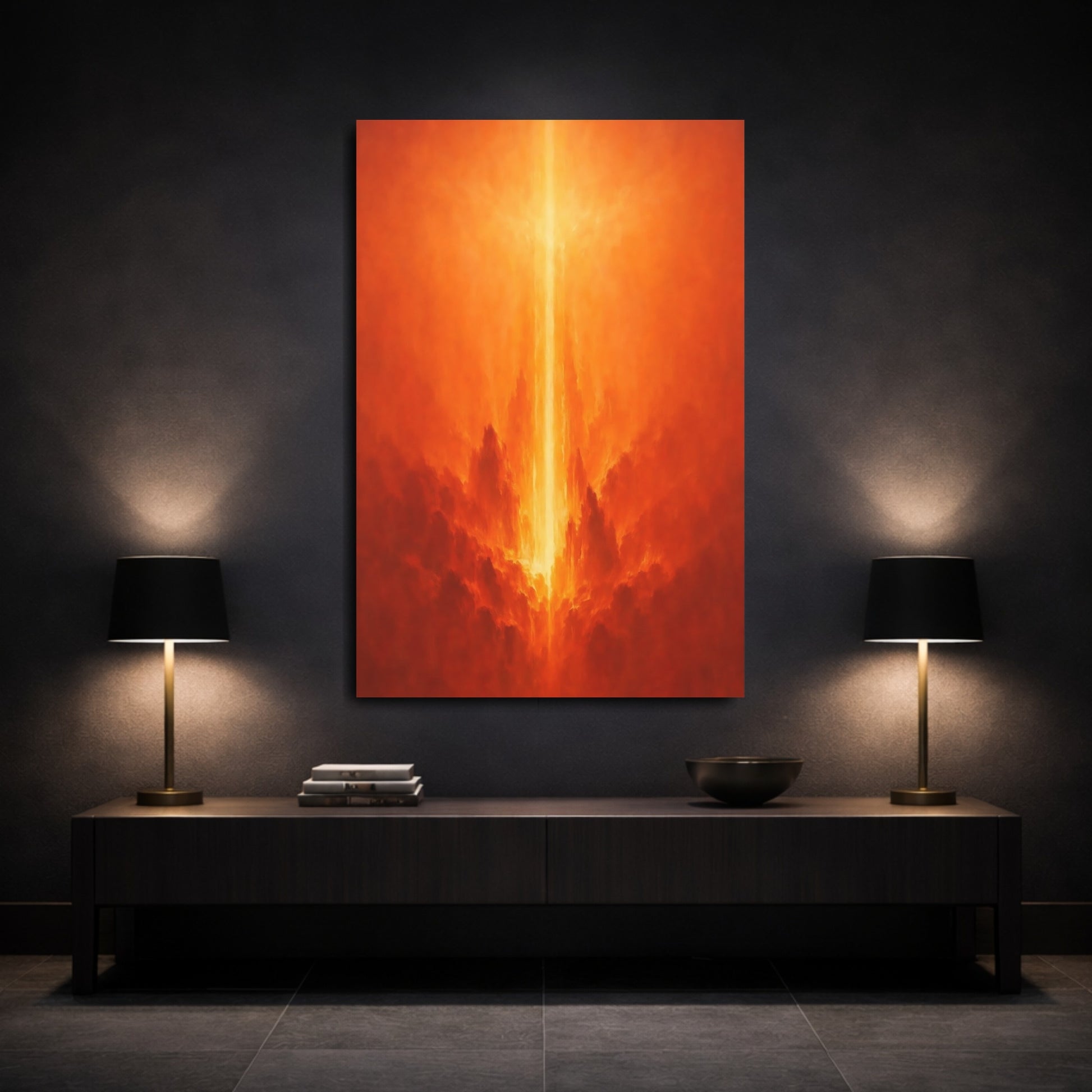Mockup 2. Abstract Light Pillar Orange Light shown as stretched canvas wall art