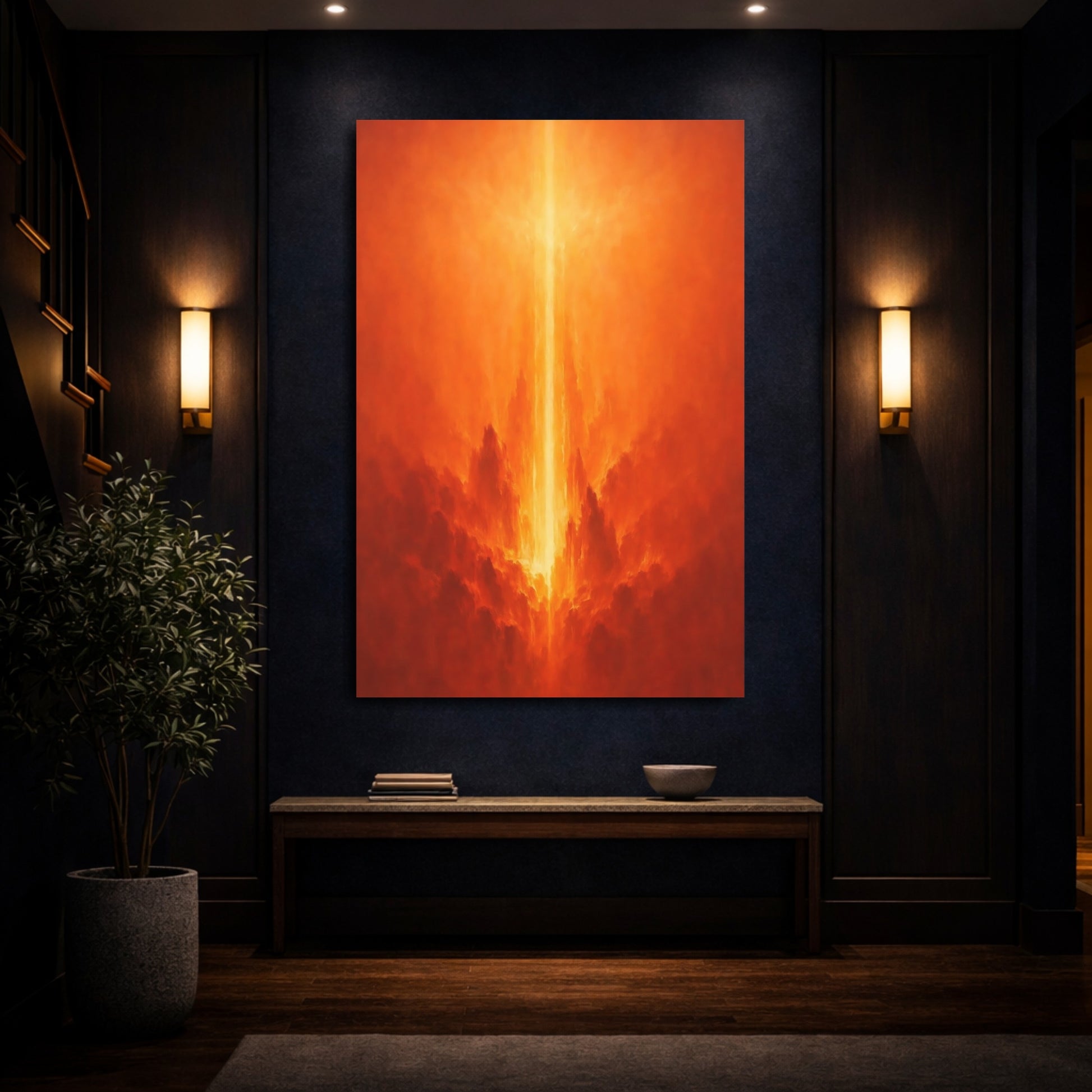 Mockup 3. Abstract Light Pillar Orange Light shown as stretched canvas wall art