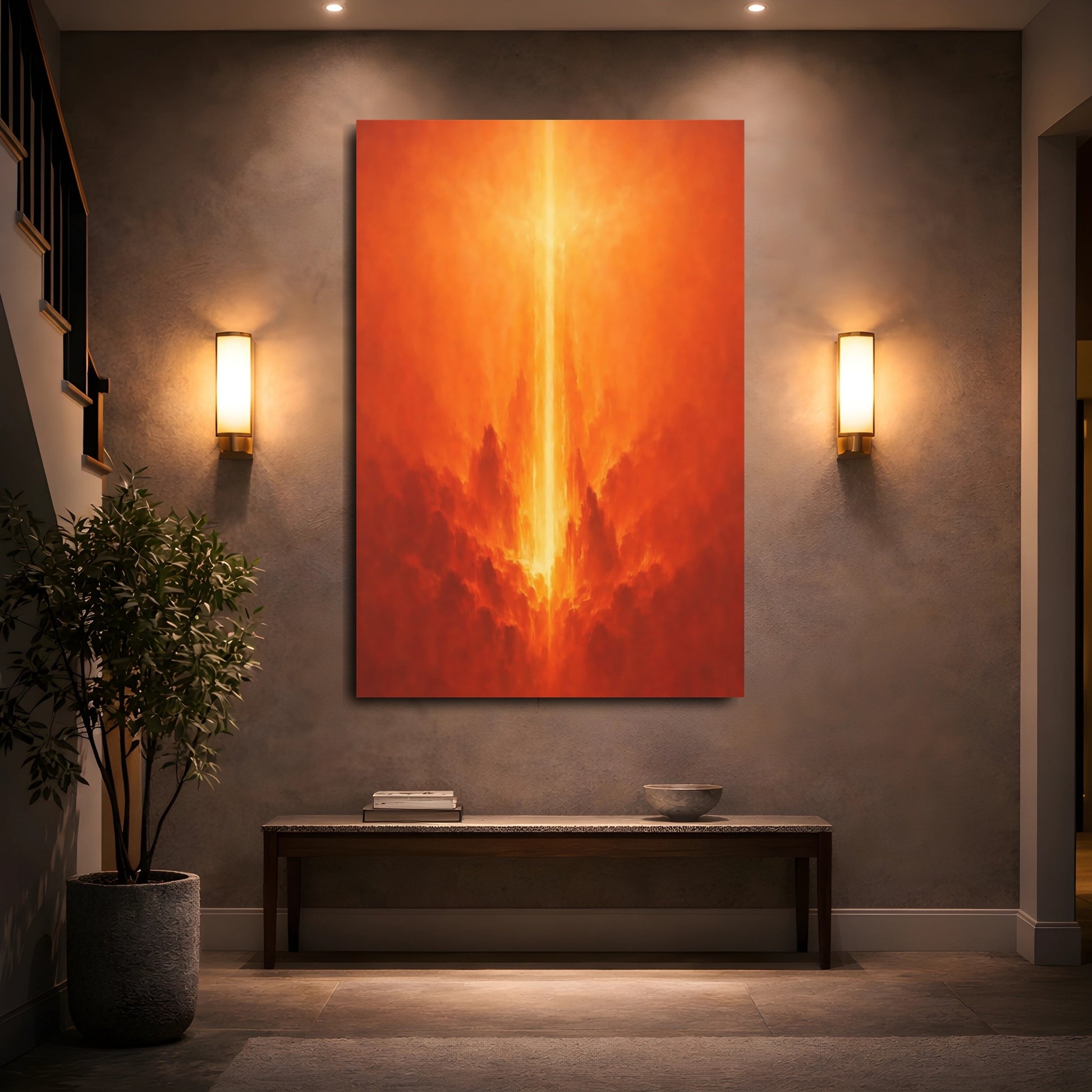 Mockup 4. Abstract Light Pillar Orange Light shown as stretched canvas wall art