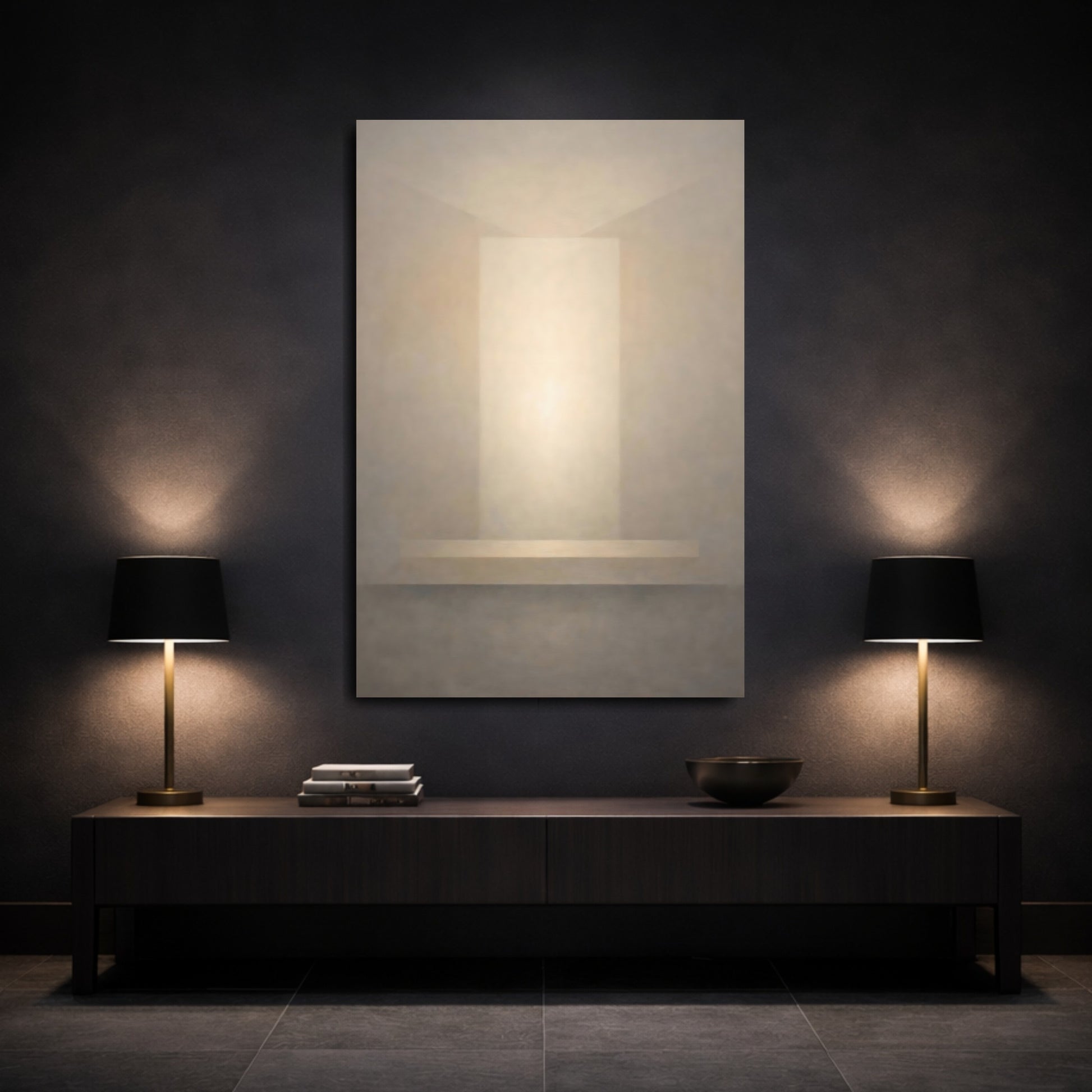 Mockup 2. Abstract Light Portal Cream And Grey shown as stretched canvas wall art