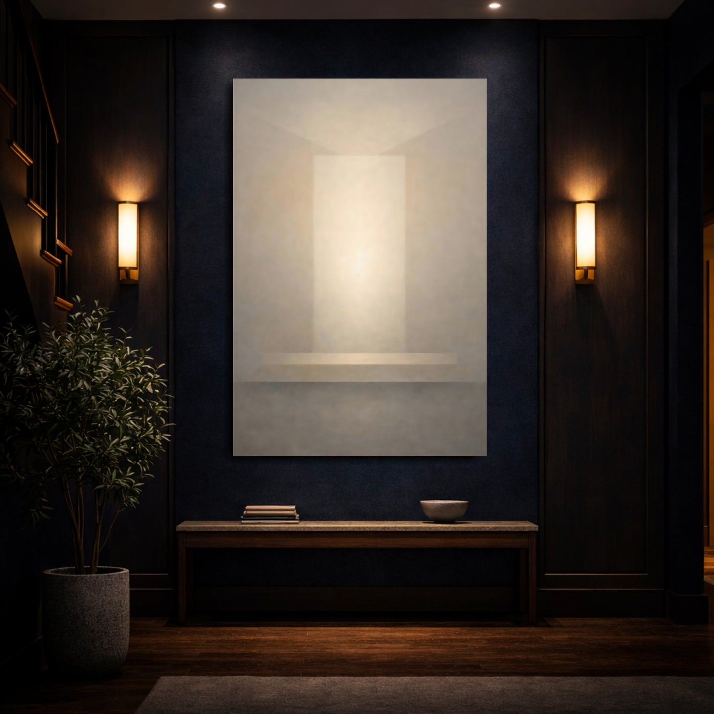 Mockup 3. Abstract Light Portal Cream And Grey shown as stretched canvas wall art
