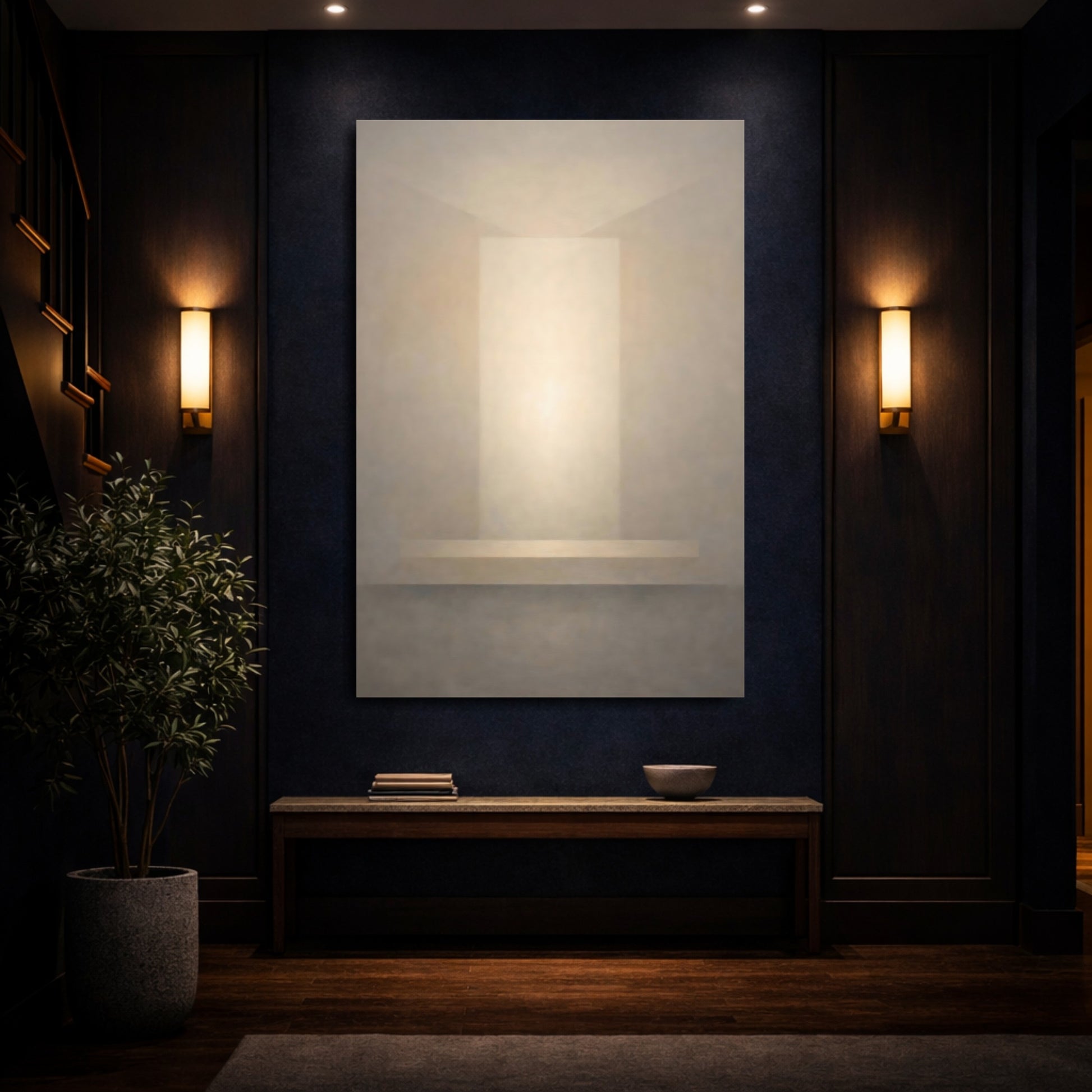 Mockup 3. Abstract Light Portal Cream And Grey shown as stretched canvas wall art