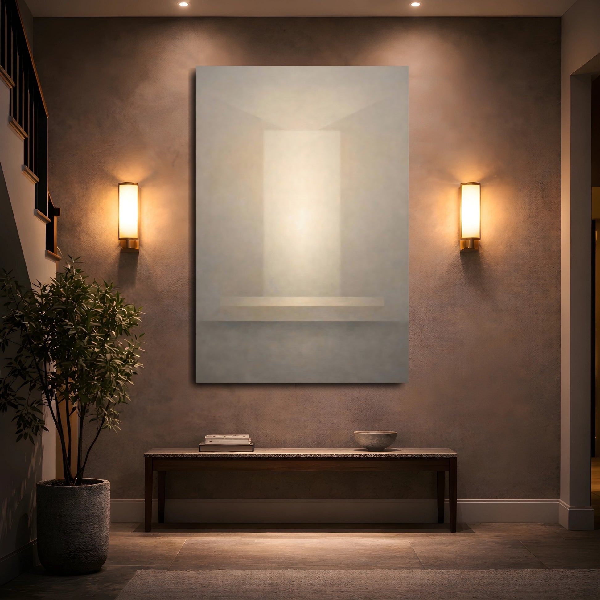 Mockup 4. Abstract Light Portal Cream And Grey shown as stretched canvas wall art