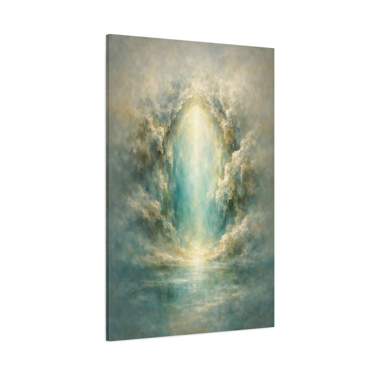 Main Mockup. Abstract Light Portal Teal And Gold Abstract shown as stretched canvas wall art