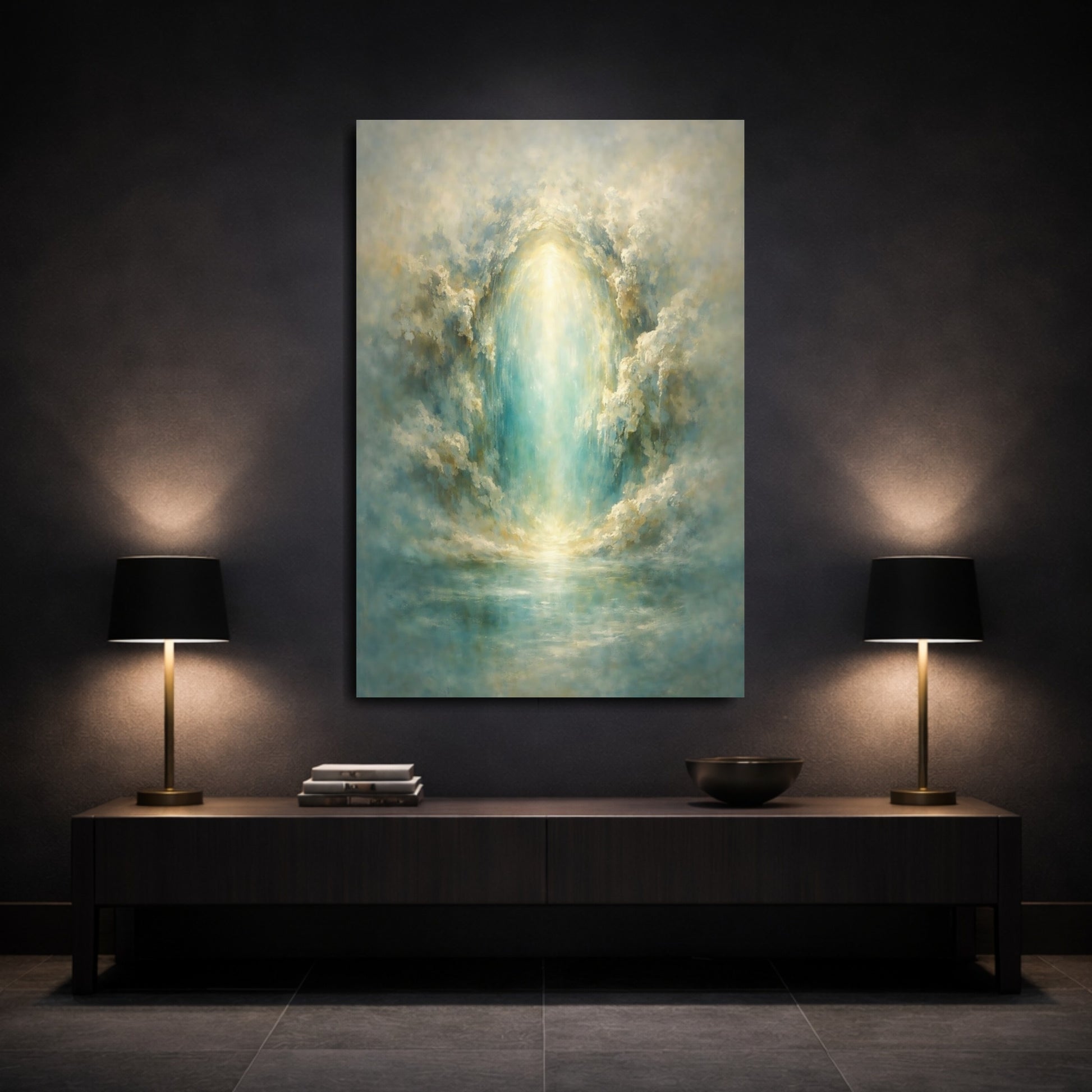 Mockup 2. Abstract Light Portal Teal And Gold Abstract shown as stretched canvas wall art